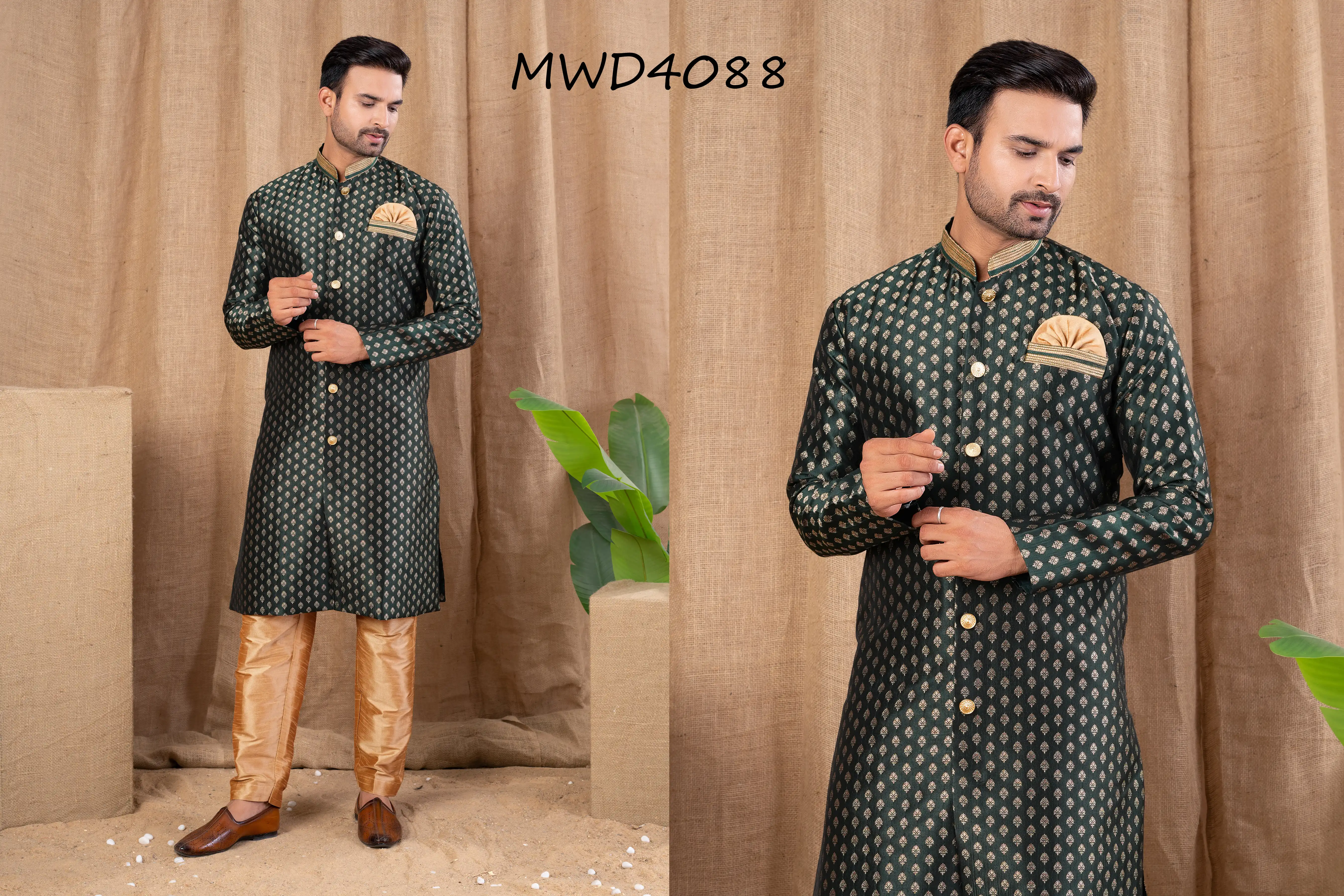 S. S. Ethnic Green Jacquard Indo Trouser Set for Men - MWD4088