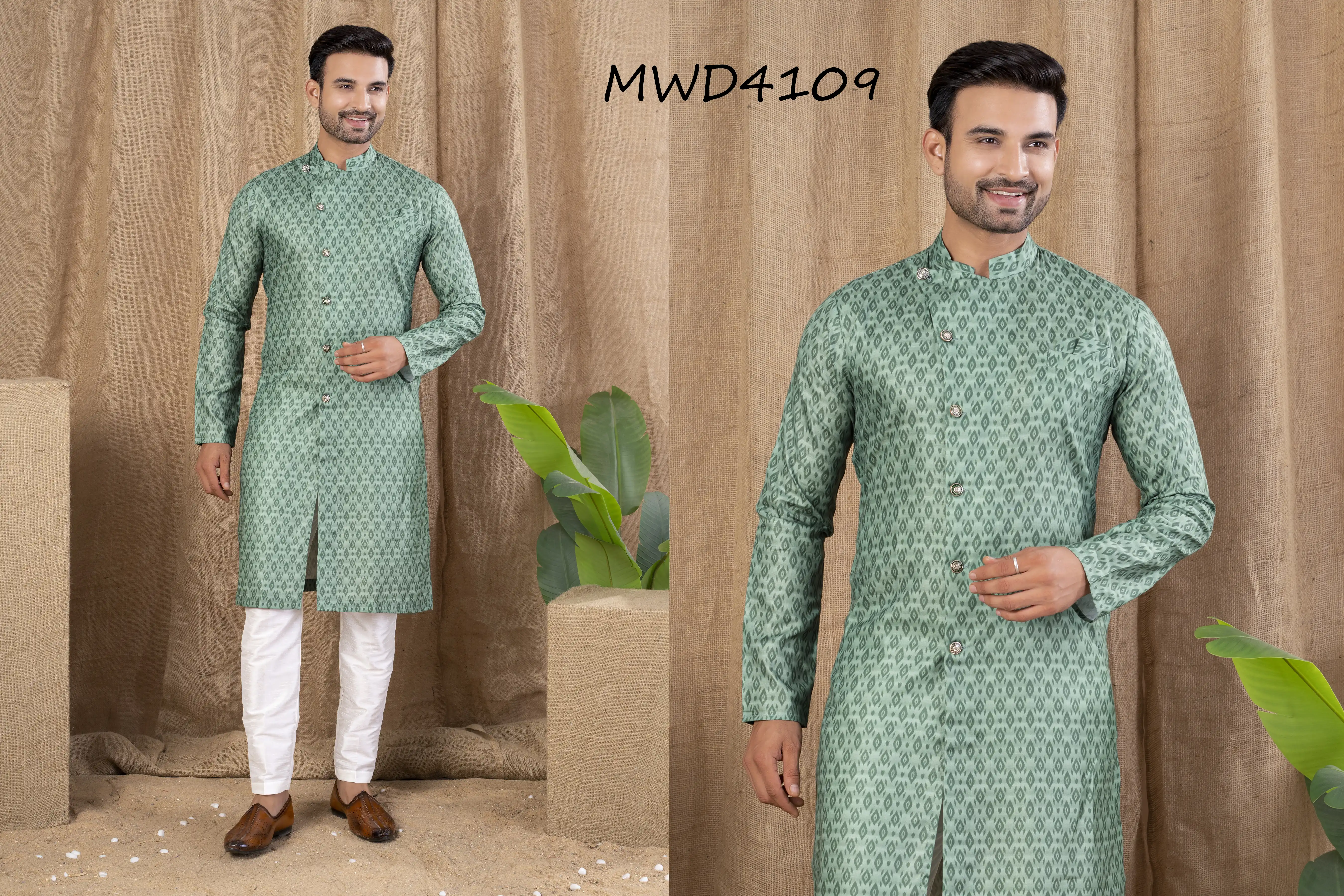 S. S. Ethnic Green Printed Cotton Silk Indo Trouser Set for Men - MWD4109