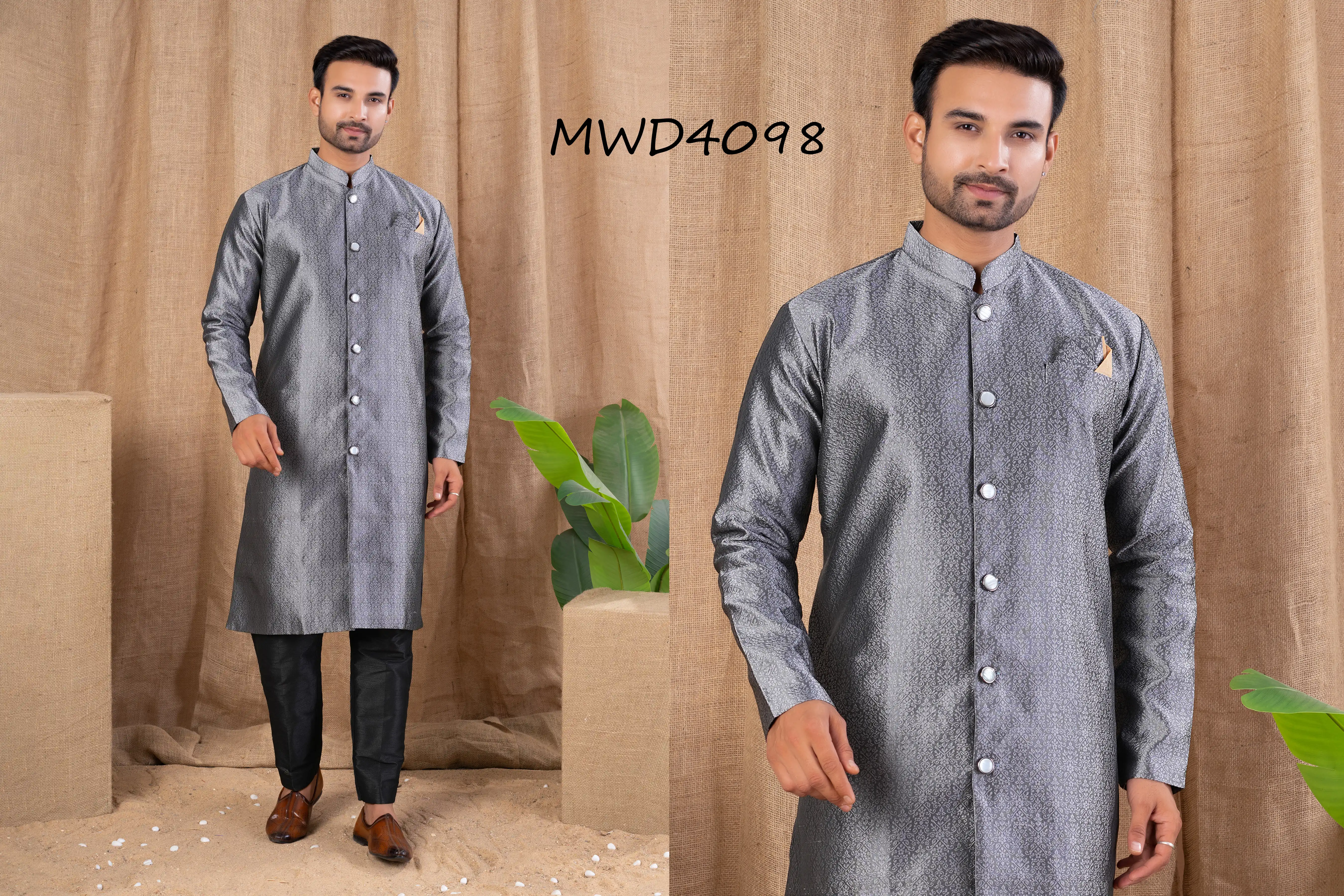 S. S. Ethnic Grey Jacquard Indo Trouser Set for Men - MWD4098
