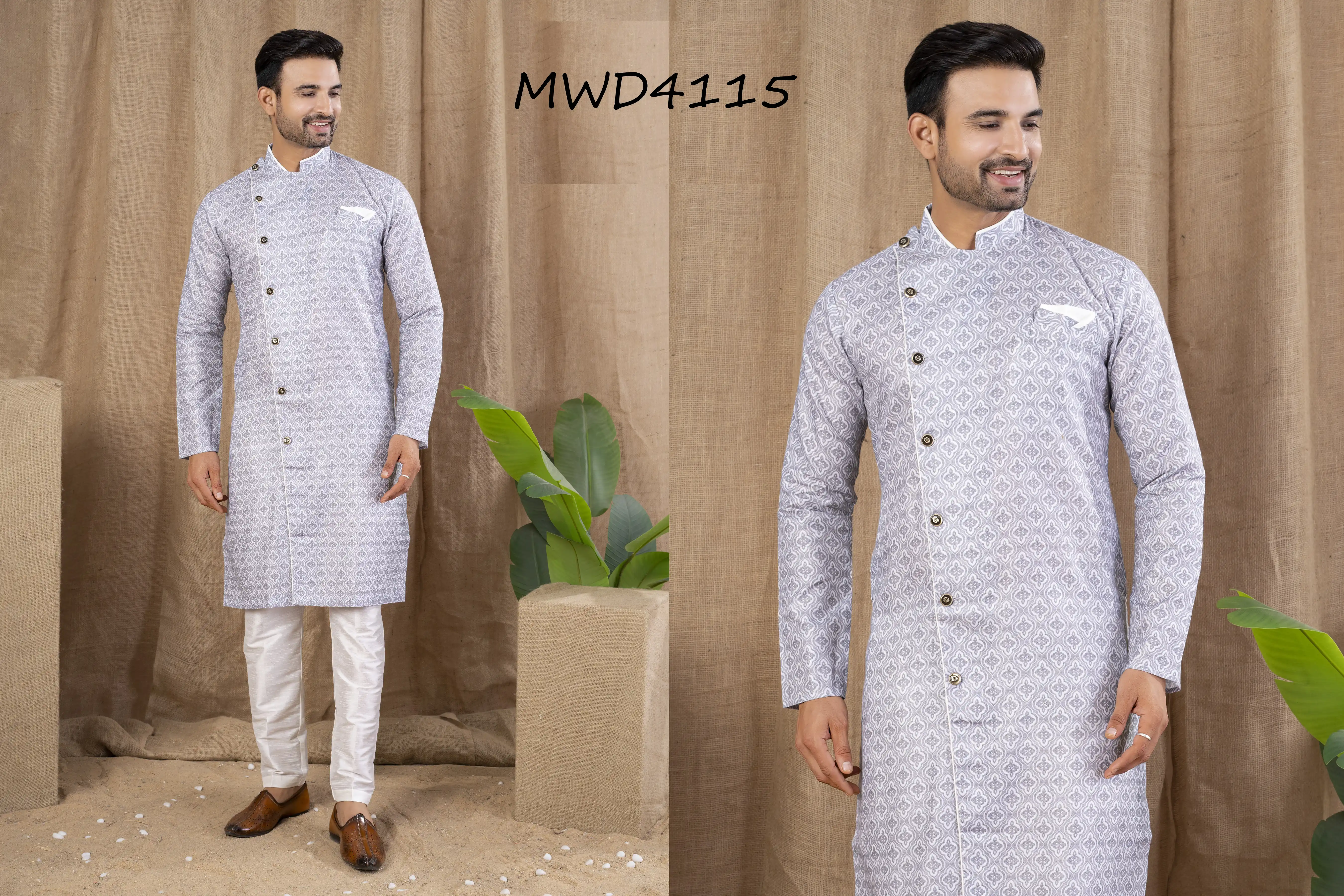 S. S. Ethnic Grey Printed Cotton Silk Indo Trouser Set for Men - MWD4115