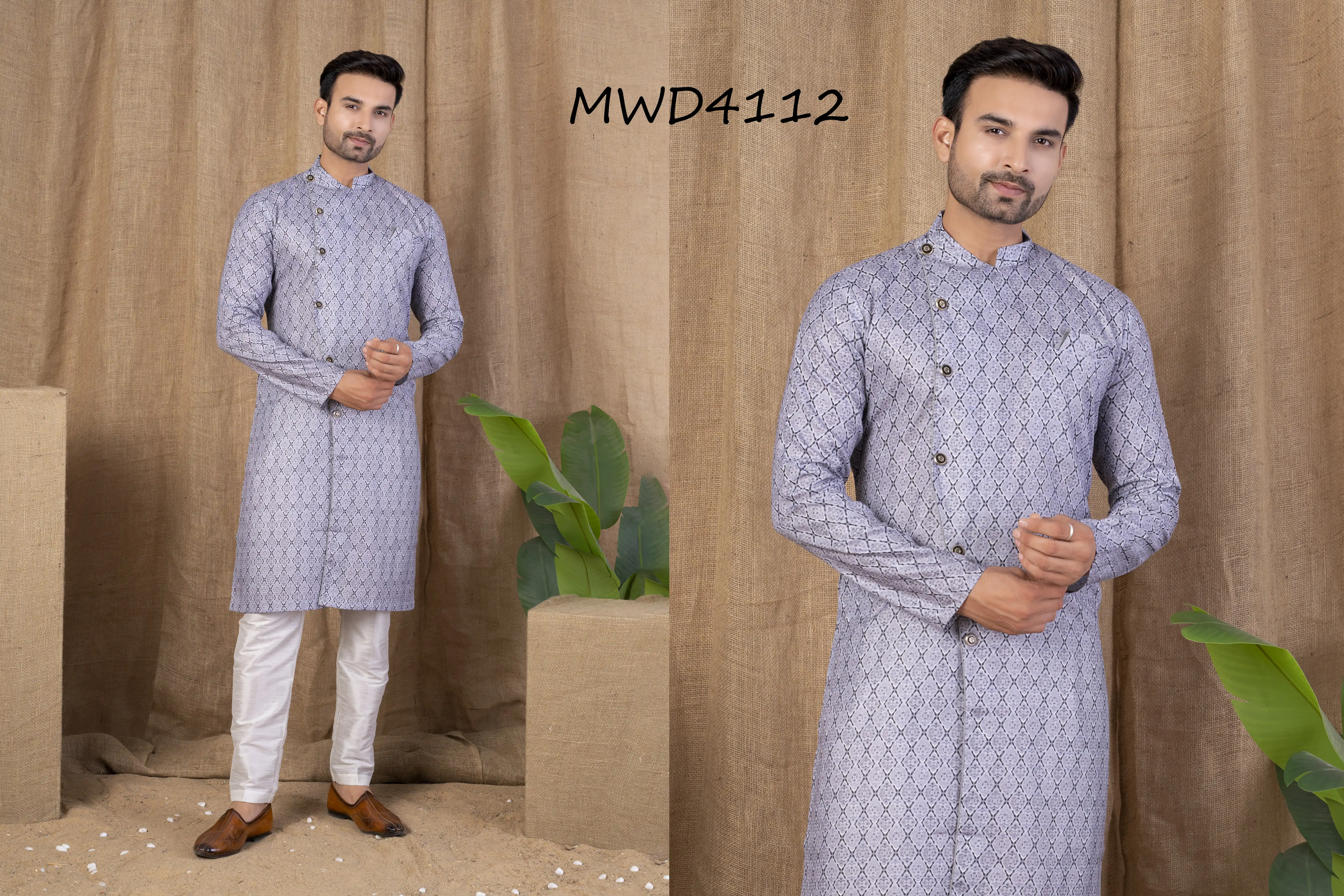 S. S. Ethnic Light Grey Printed Cotton Silk Indo Trouser Set for Men - MWD4112