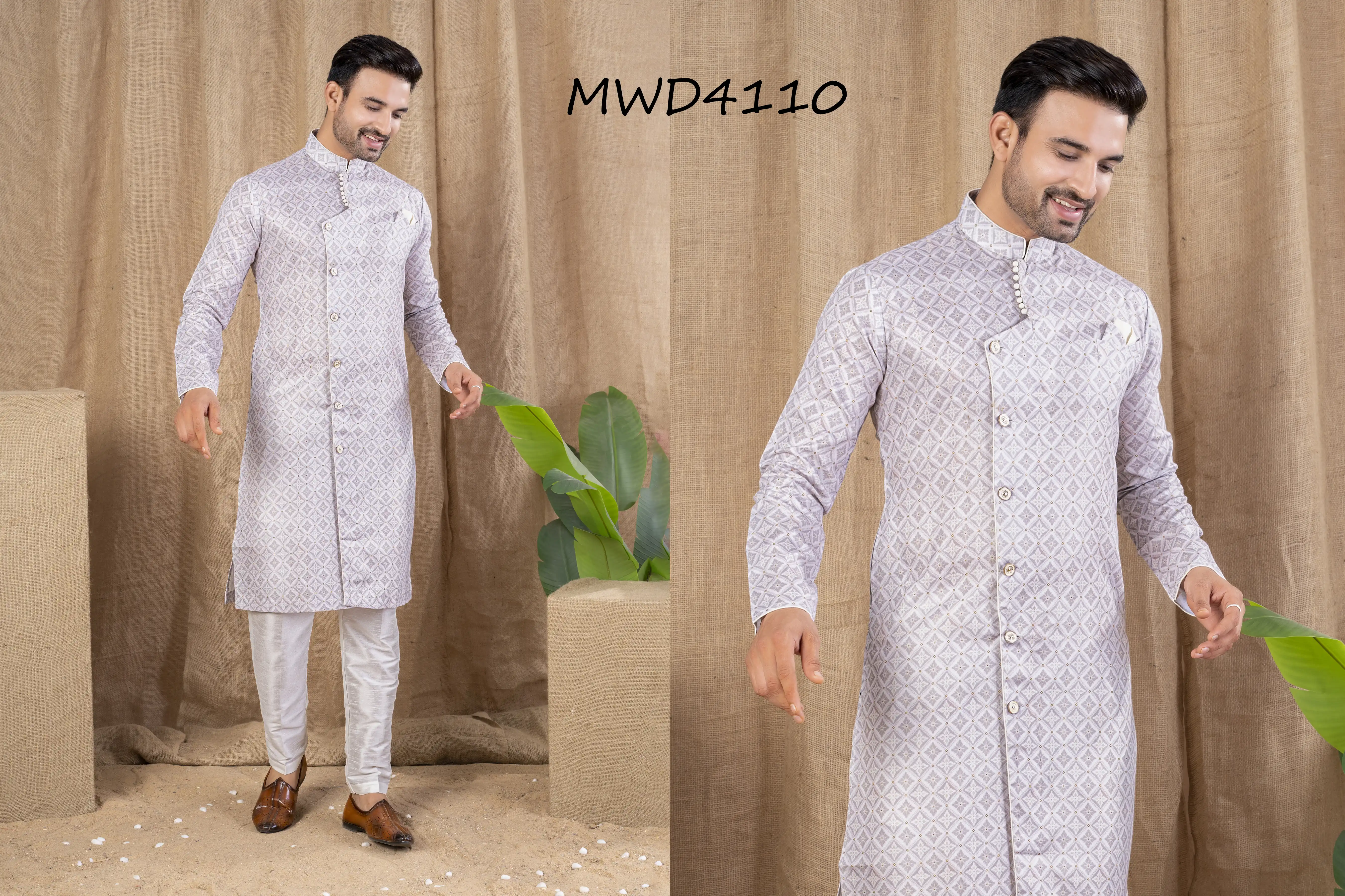 S. S. Ethnic Light Lavender Printed Cotton Silk Indo Trouser Set for Men - MWD4110
