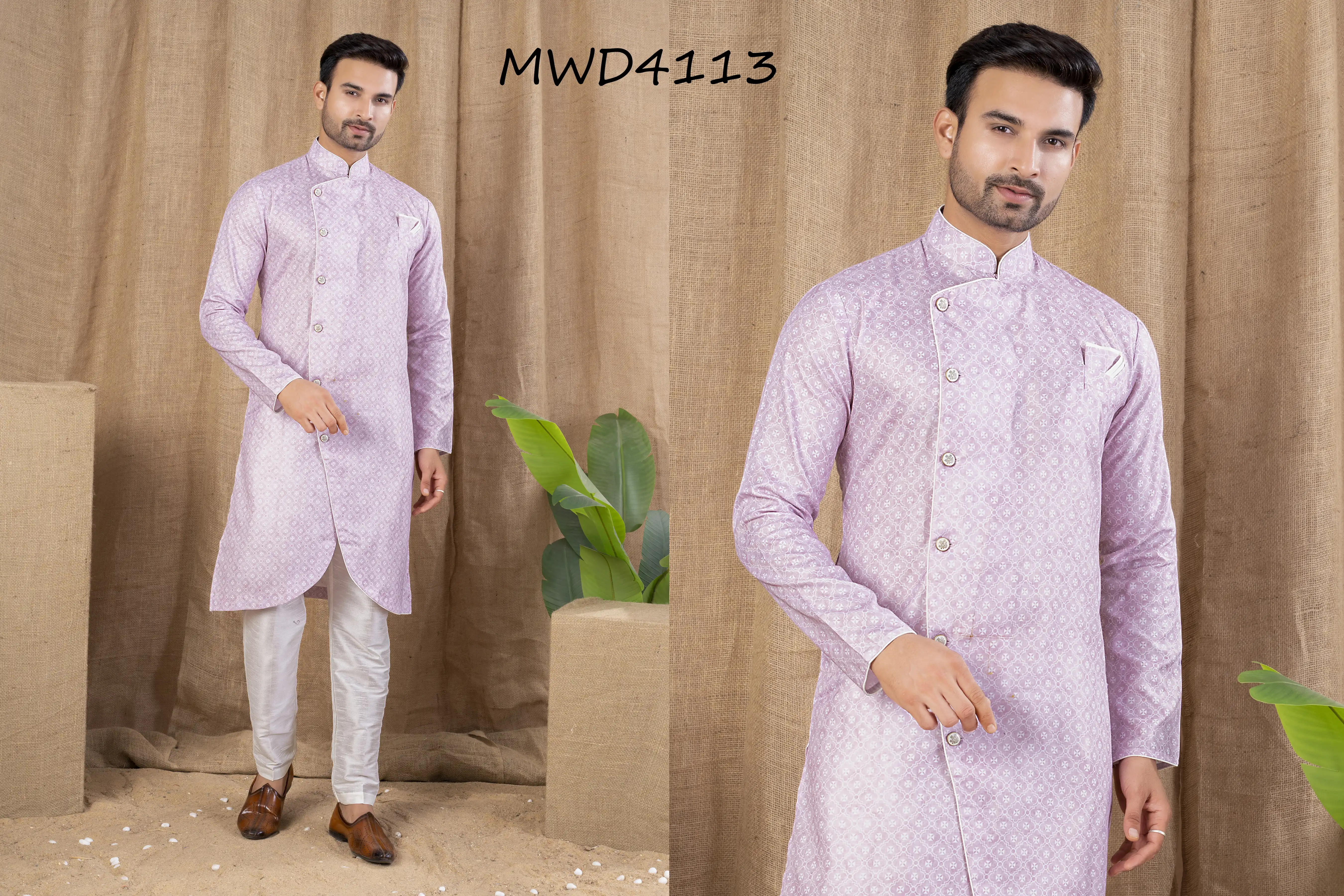 S. S. Ethnic Light Pink Printed Cotton Silk Indo Trouser Set for Men - MWD4113