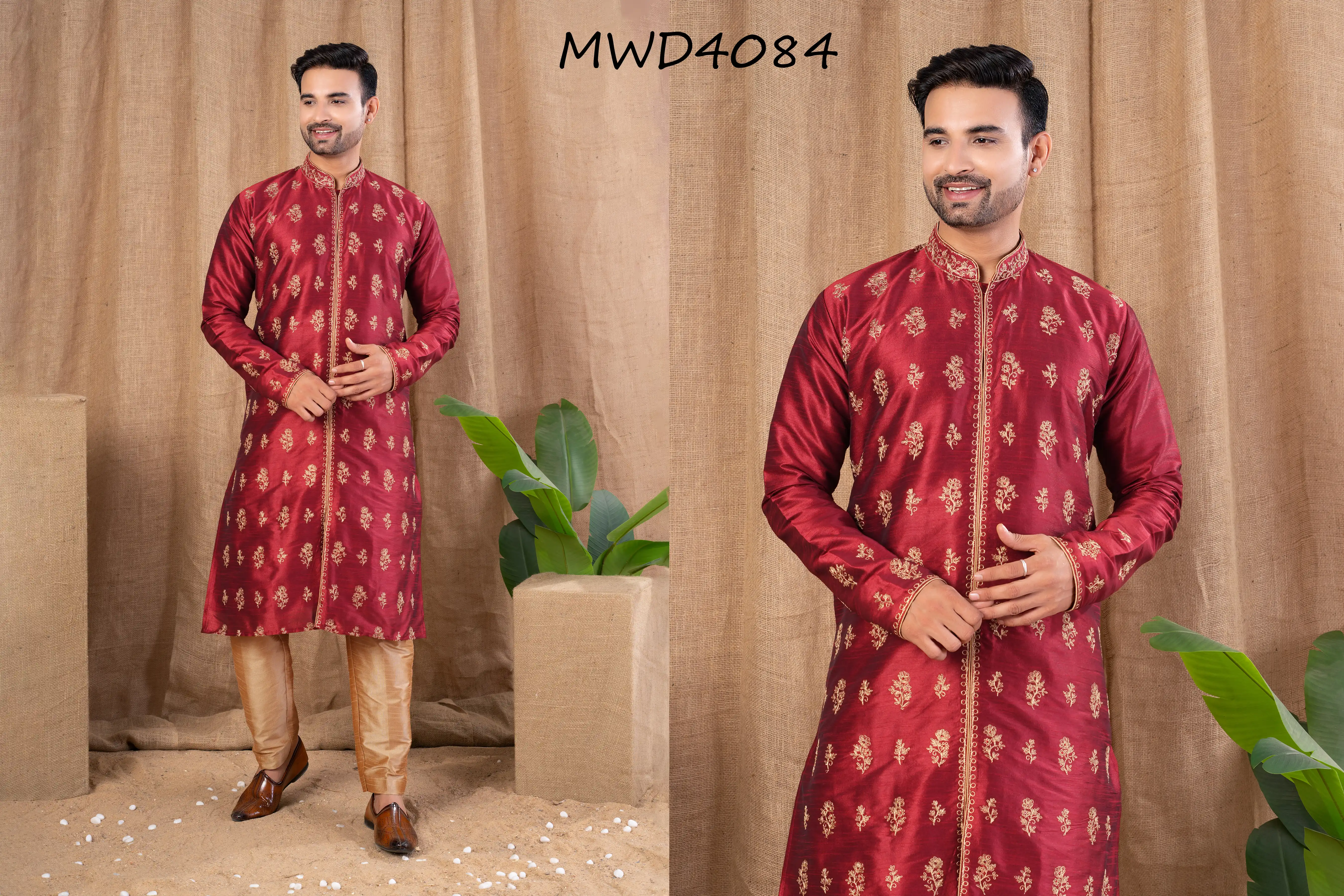 S. S. Ethnic Maroon Art Silk Indo Trouser Set for Men - MWD4084