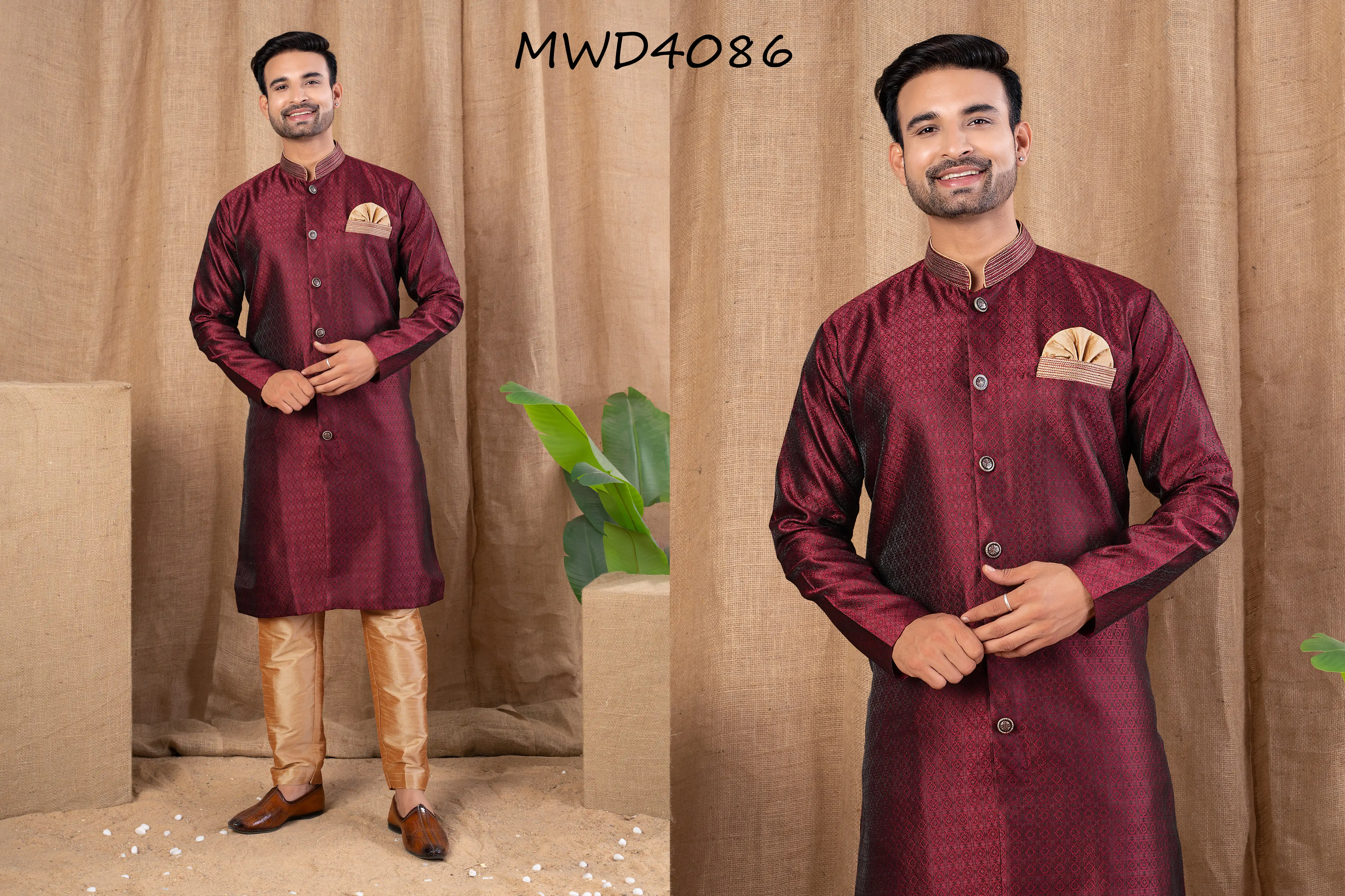 S. S. Ethnic Maroon Jacquard Indo Trouser Set for Men - MWD4086