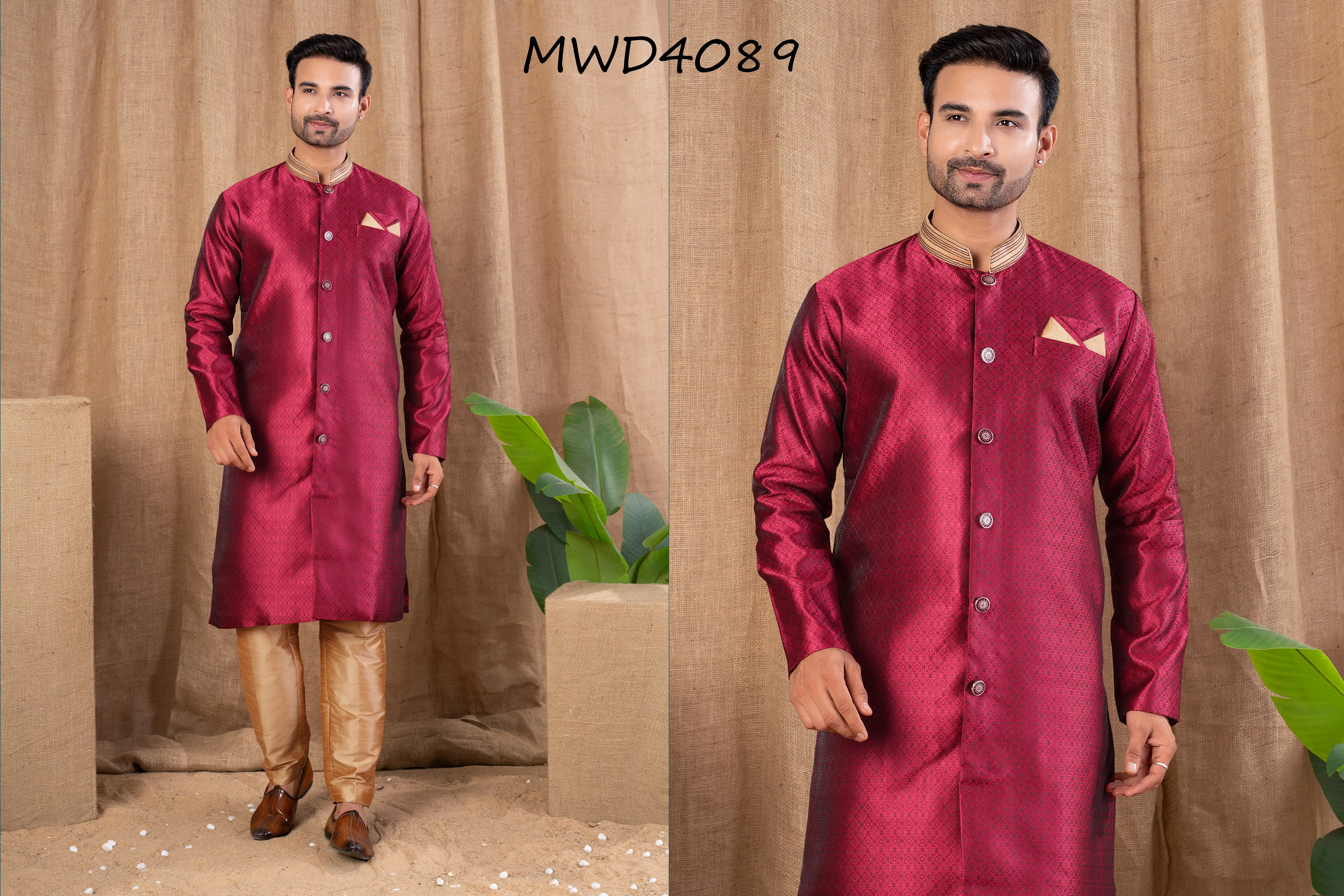 S. S. Ethnic Maroon Jacquard Indo Trouser Set for Men - MWD4089