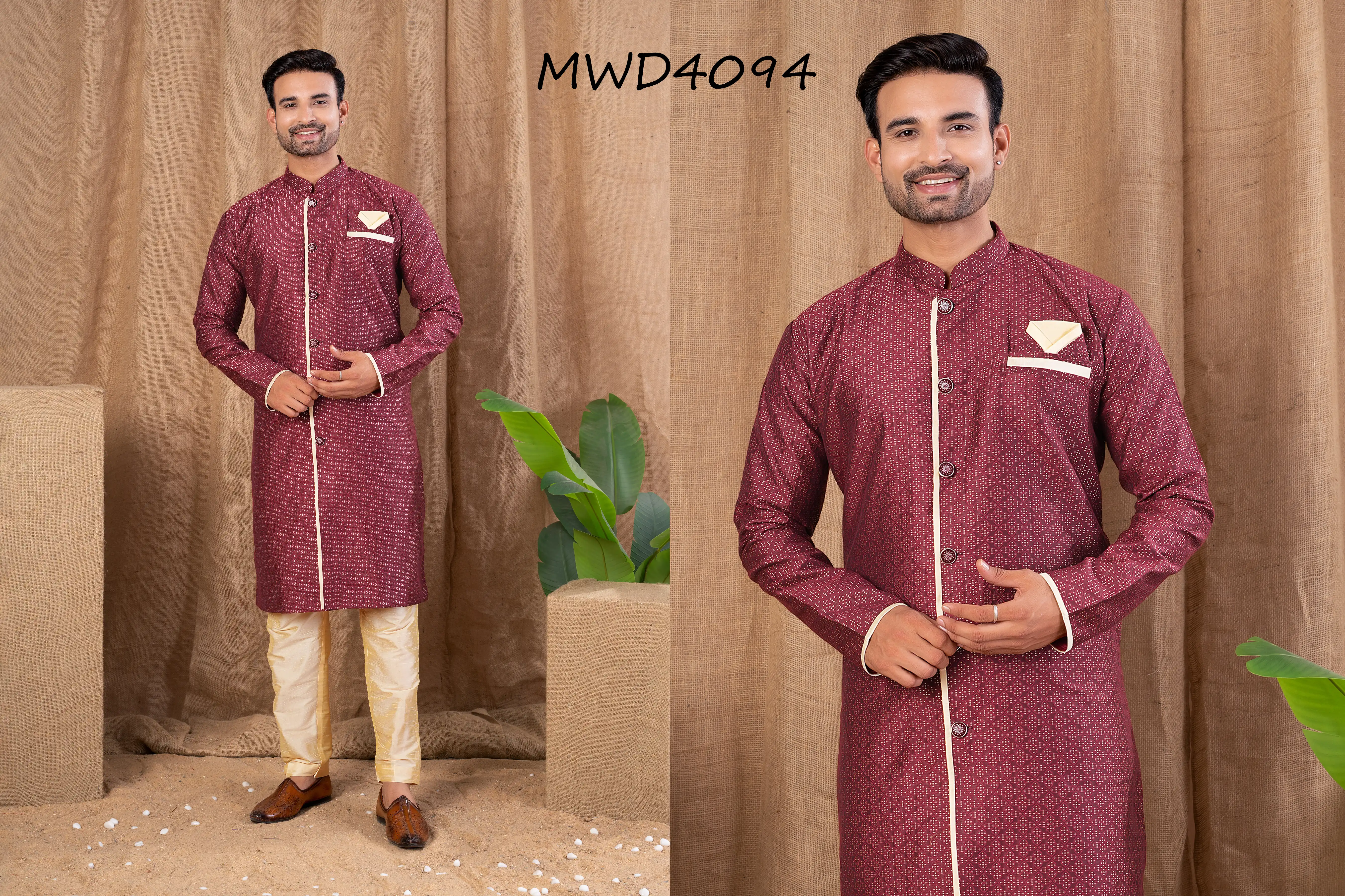 S. S. Ethnic Maroon Jacquard Indo Trouser Set for Men - MWD4094