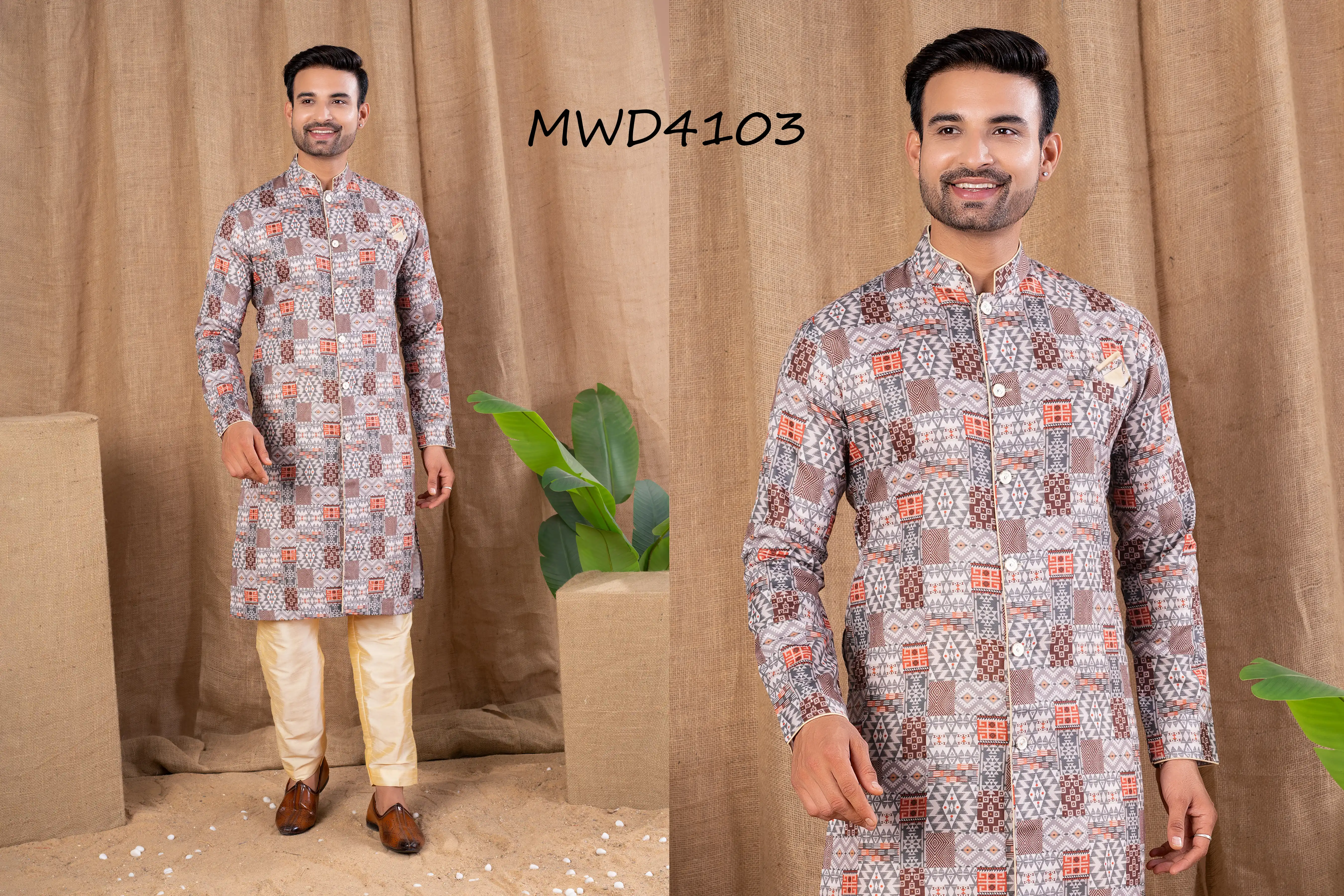 S. S. Ethnic Multi Color Printed Cotton Silk Indo Trouser Set for Men - MWD4103