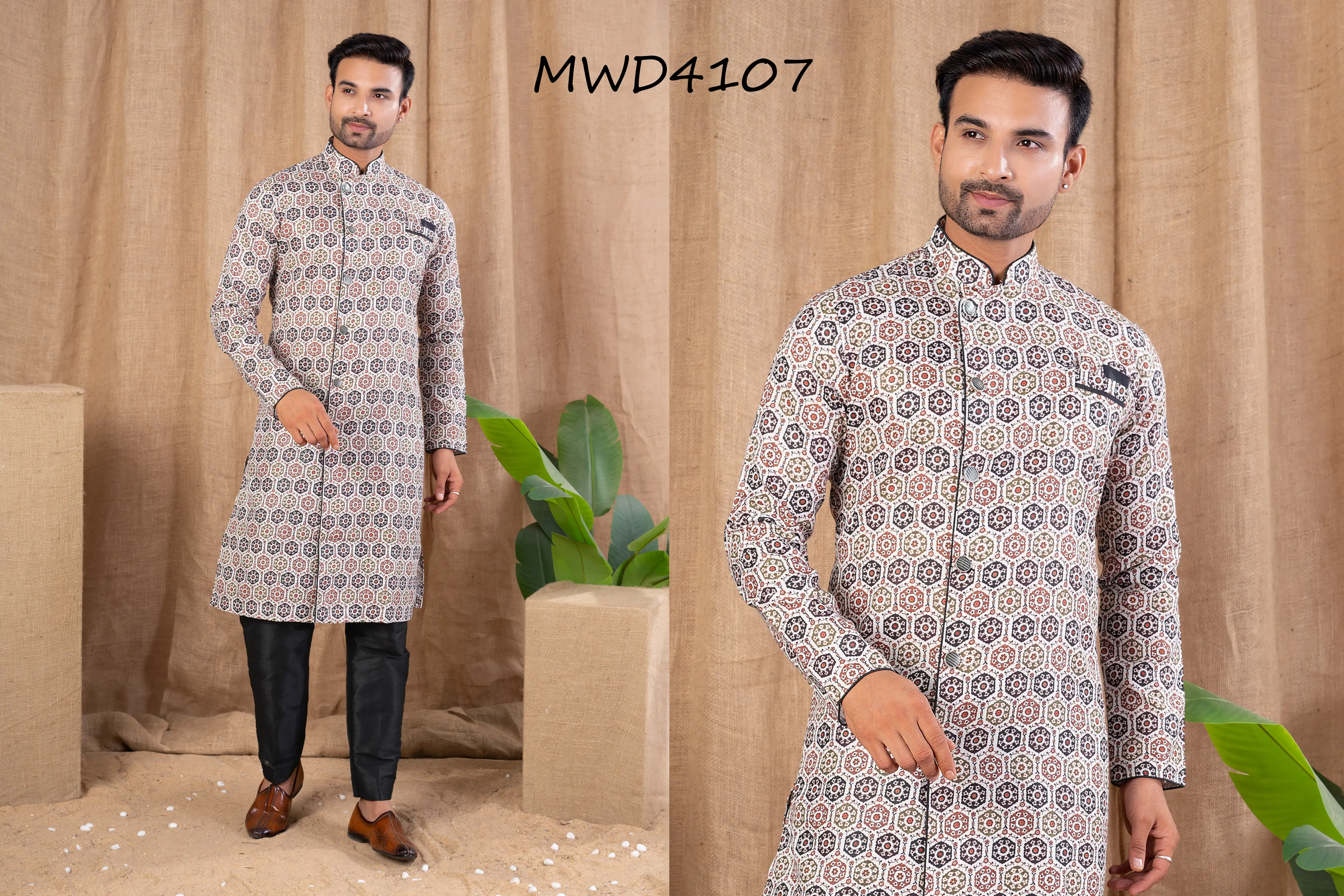 S. S. Ethnic Multi Color Printed Cotton Silk Indo Trouser Set for Men - MWD4107