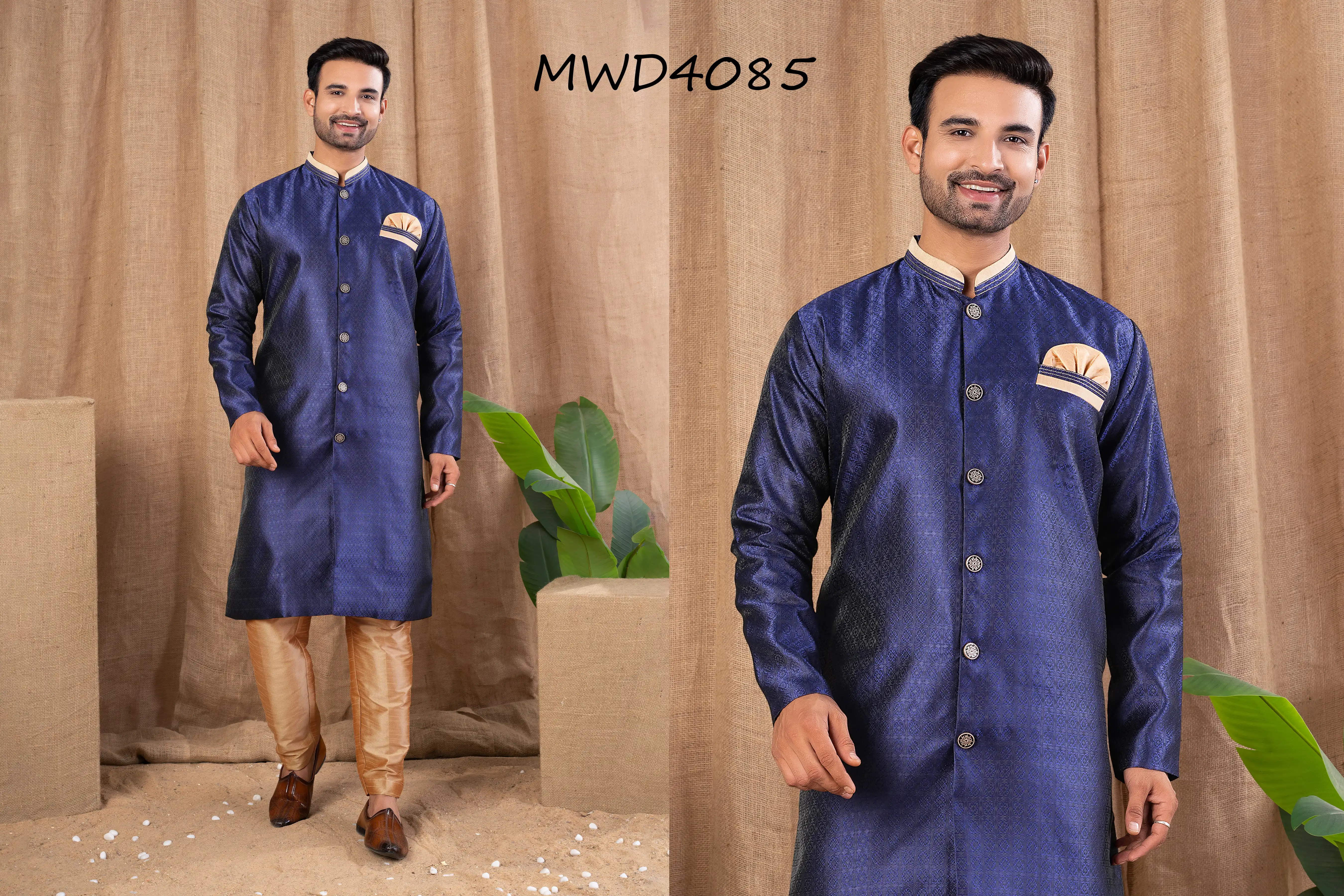S. S. Ethnic Navy Blue Jacquard Indo Trouser Set for Men - MWD4085