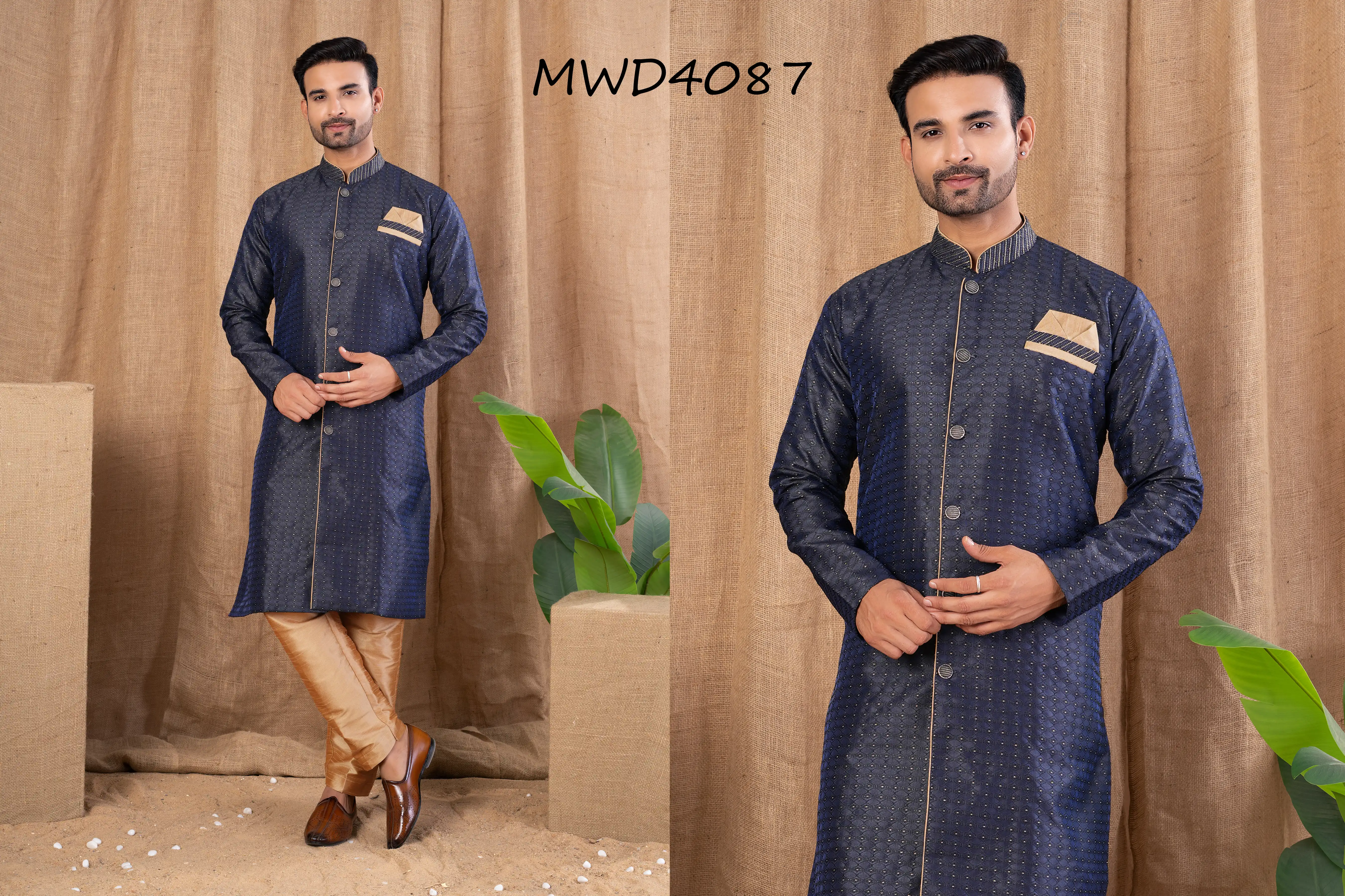S. S. Ethnic Navy Blue Jacquard Indo Trouser Set for Men - MWD4087