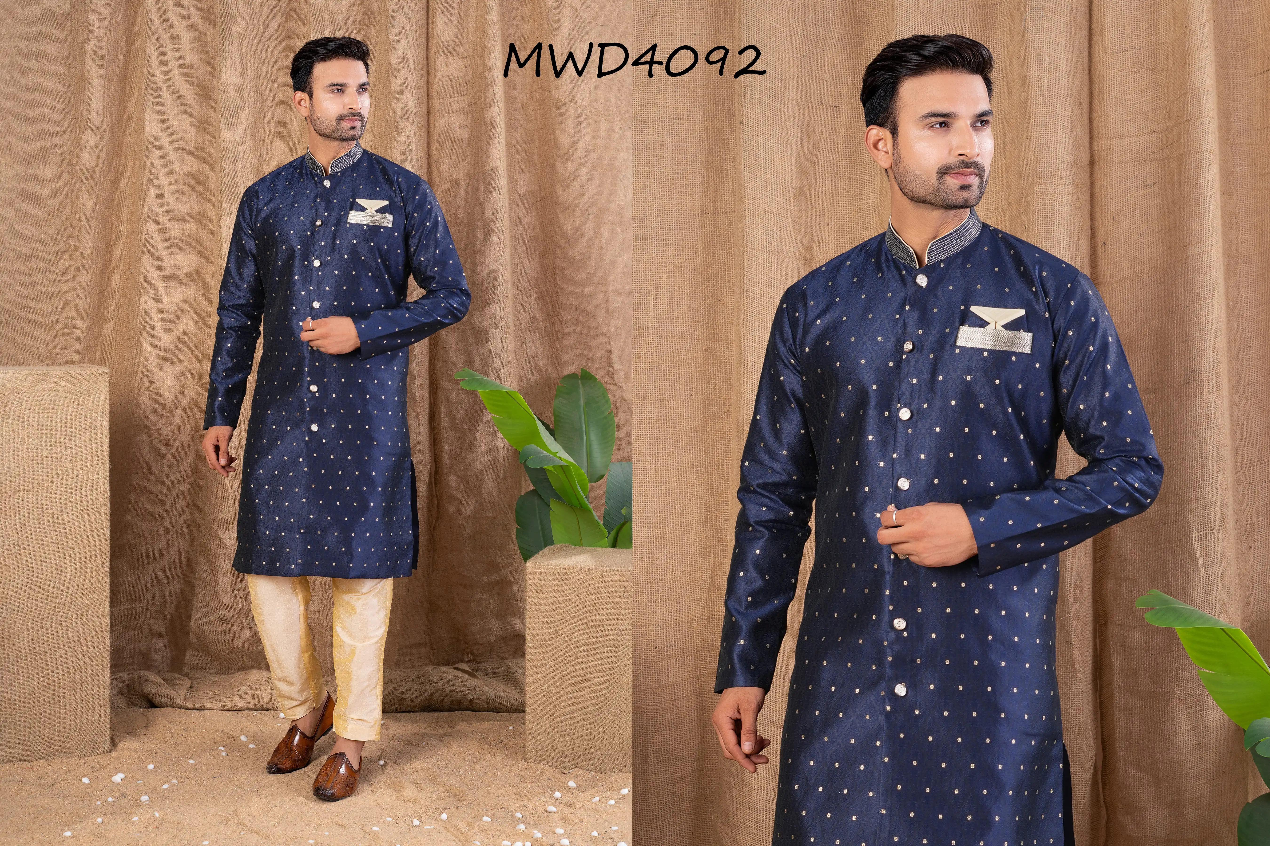 S. S. Ethnic Navy Blue Jacquard Indo Trouser Set for Men - MWD4092