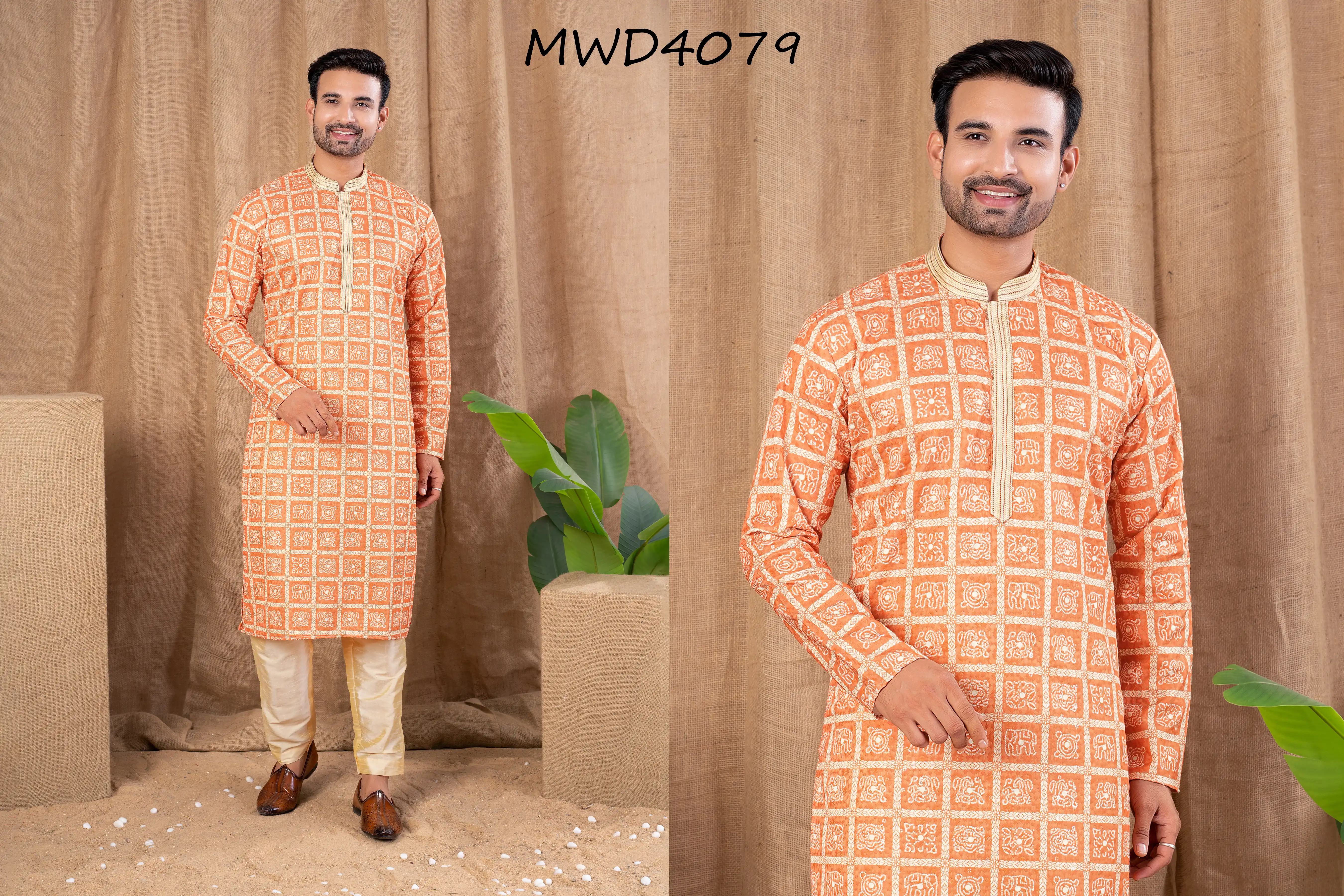 S. S. Ethnic Orange Embroidered with Digital Print Kurta with Gold Trouser - MWD4079