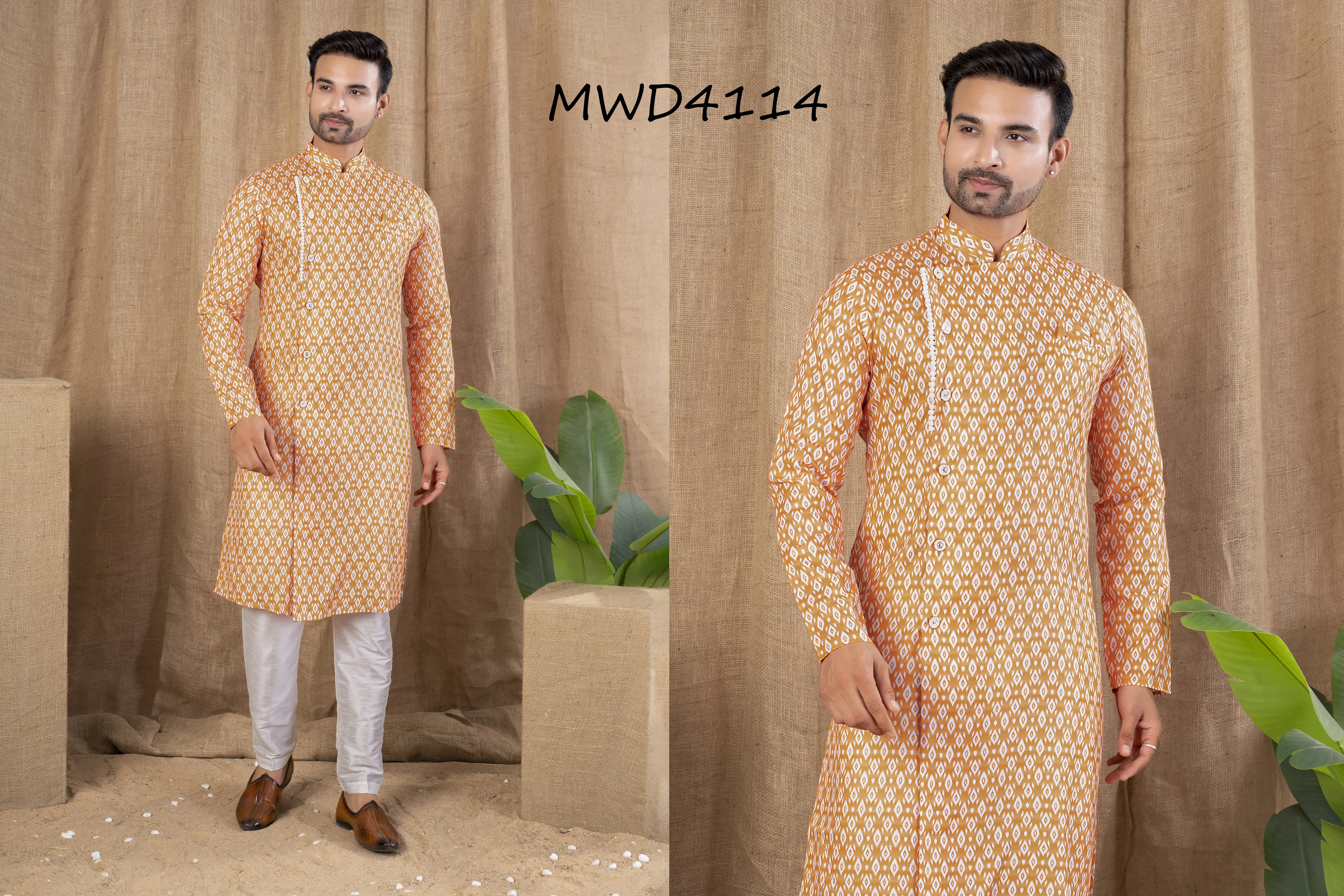 S. S. Ethnic Orange Printed Cotton Silk Indo Trouser Set for Men - MWD4114