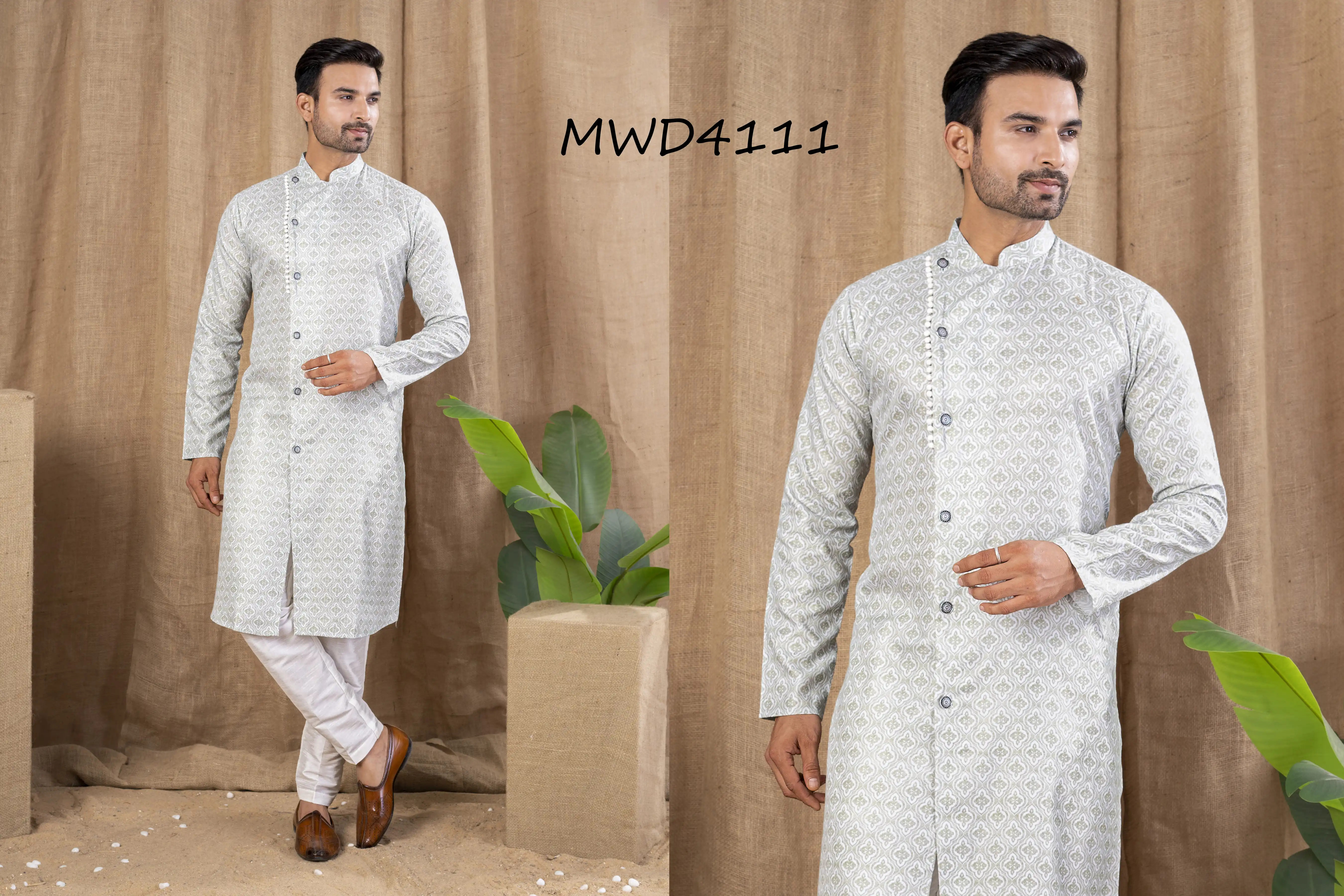S. S. Ethnic Pista Printed Cotton Silk Indo Trouser Set for Men - MWD4111