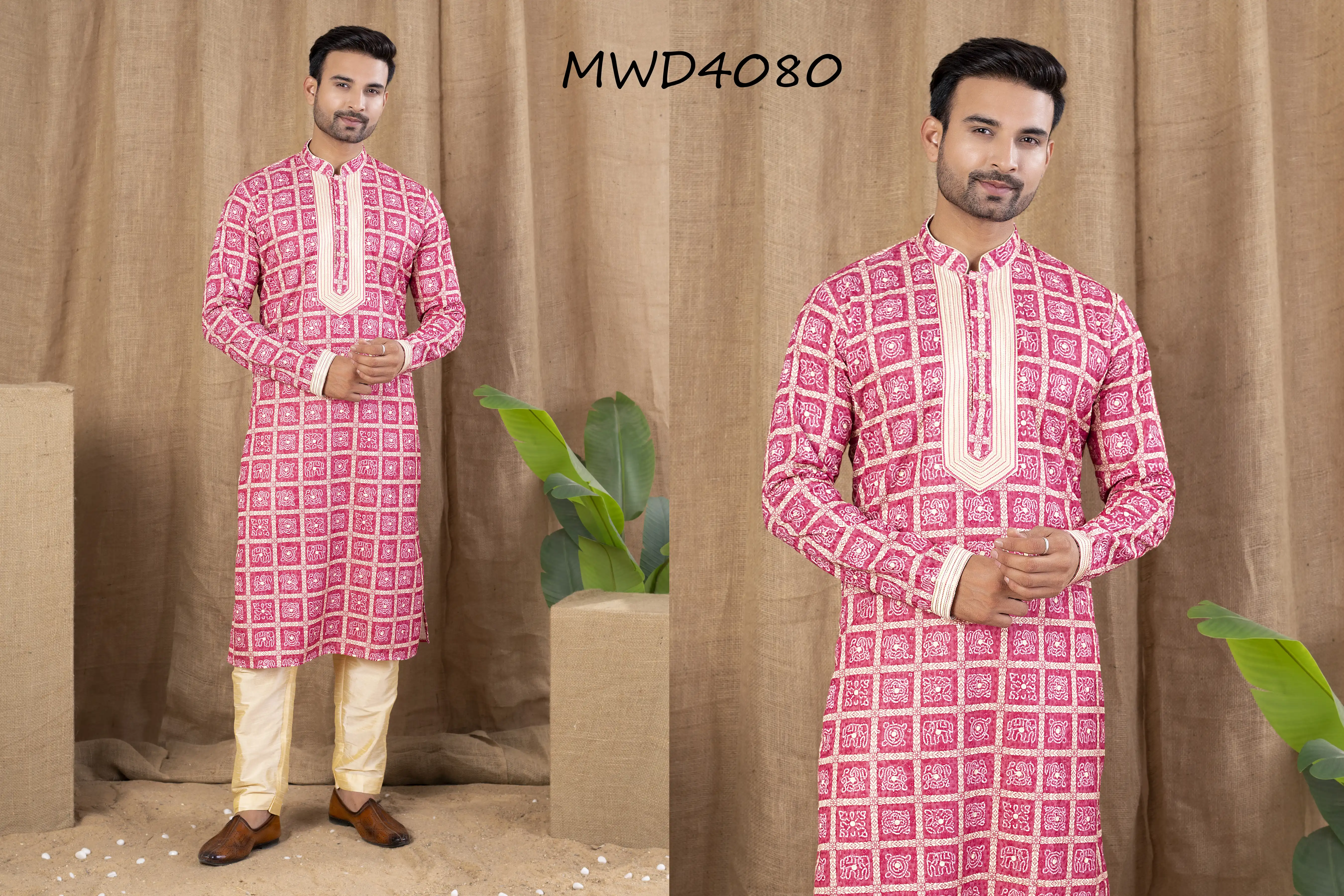 S. S. Ethnic Rani Pink Embroidered with Digital Print Kurta with Gold Trouser - MWD4080
