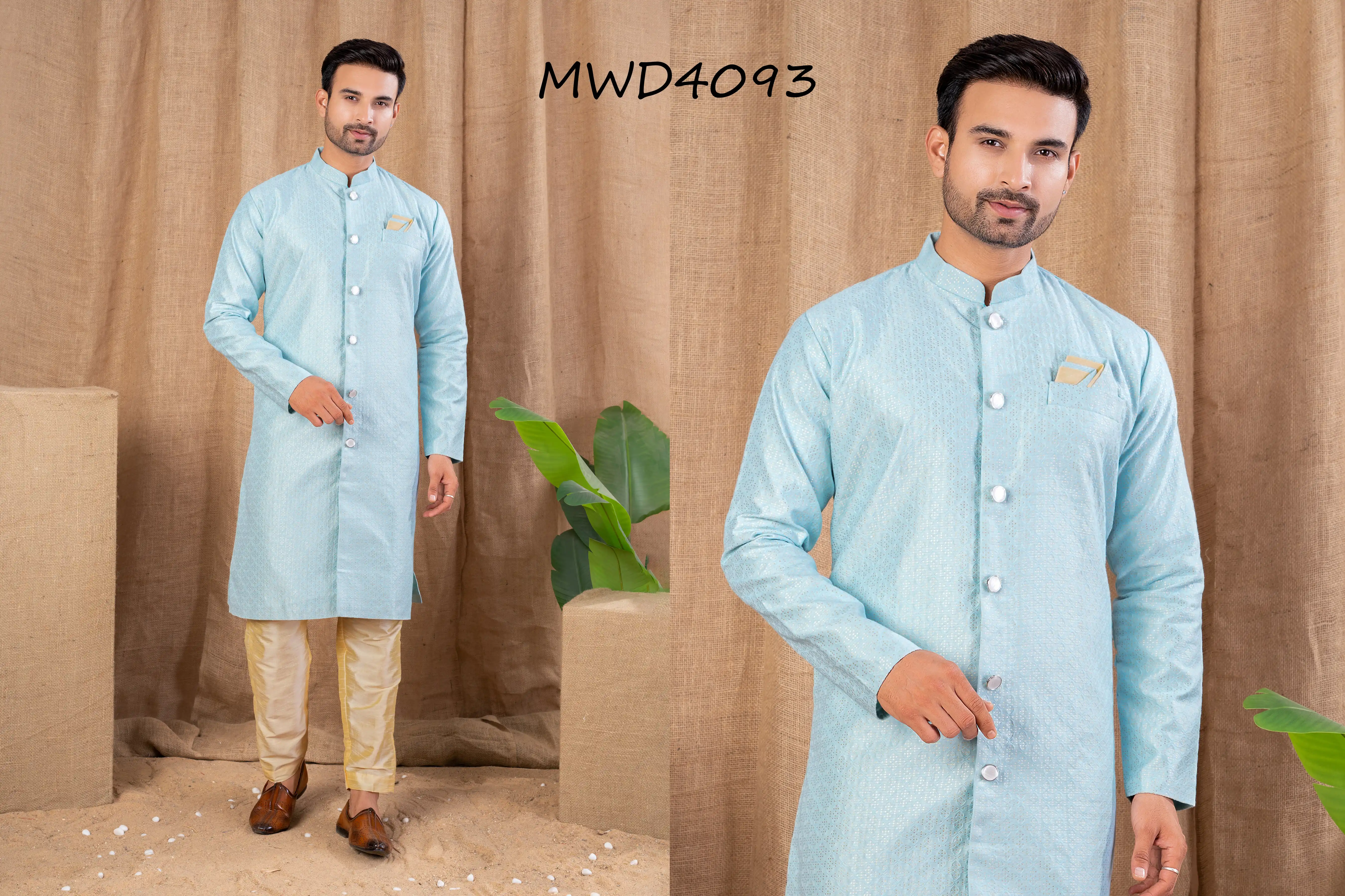S. S. Ethnic Sky Blue Jacquard Indo Trouser Set for Men - MWD4093
