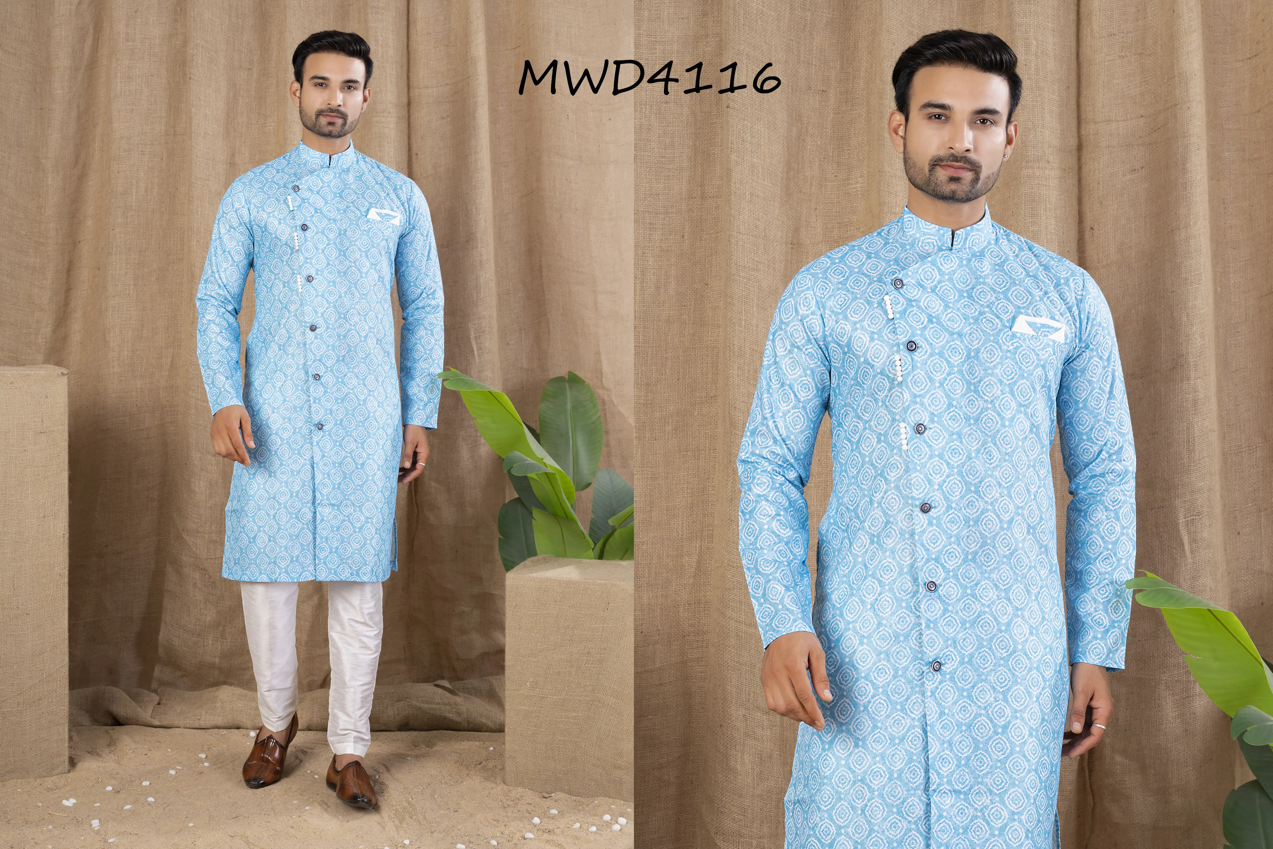 S. S. Ethnic Sky Blue Printed Cotton Silk Indo Trouser Set for Men - MWD4116