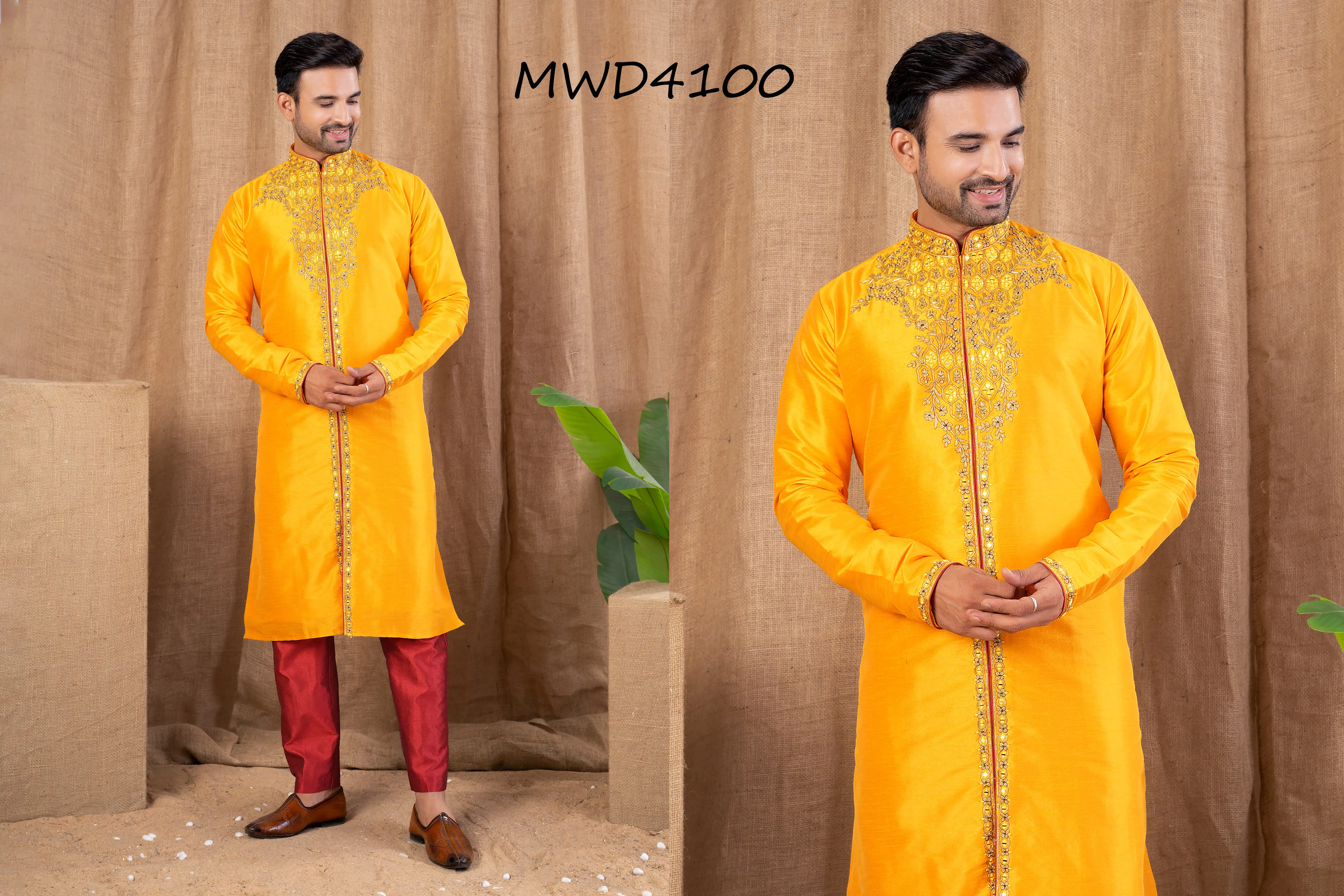 S. S. Ethnic Yellow Art Silk Indo Trouser Set for Men - MWD4100