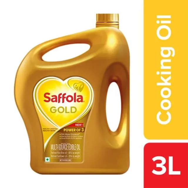 Saffola Gold - Refined Cooking Oil, Blend Of Rice Bran & Sunflower Oil, Helps Keeps Heart Healthy Saffola Gold - Refined Cooking Oil, Blend Of Rice Bran & Sunflower Oil, Helps Keeps Heart Healthy-Pack Size-3 L Jar