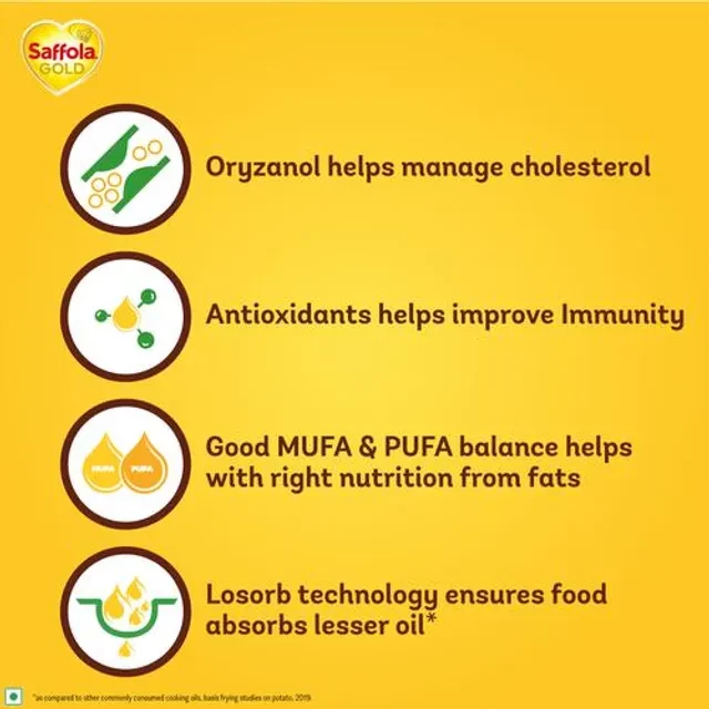 Saffola Gold Refined Cooking oil | Blended Rice Bran & Sunflower oil | Helps Keeps Heart Healthy - 1