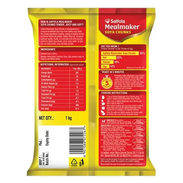Saffola Mealmaker Soya Chunks - Tender & Juicy, High In Protein & Fibre - Image 3