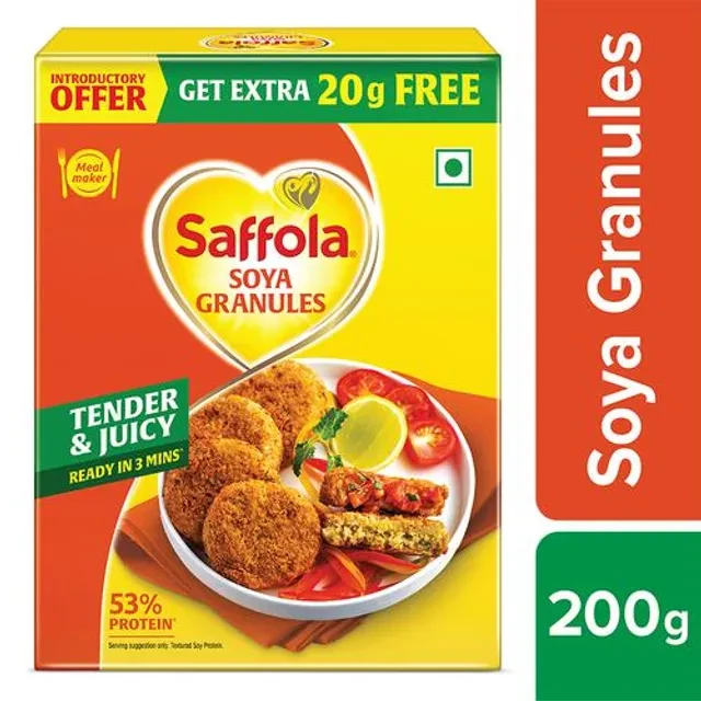 Saffola Soya Granules - Tender & Juicy, High In Protein & Fibre Saffola Soya Granules - Tender & Juicy, High In Protein & Fibre-Pack Size-200 g (Get Extra 20 g Free)