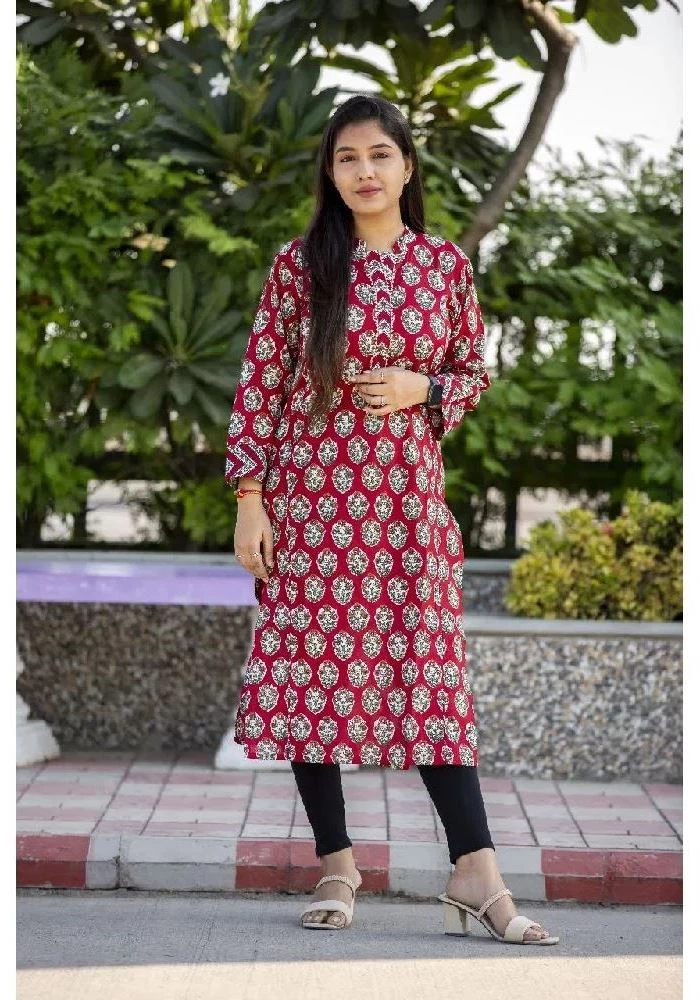 Sangria Red Sanganeri Hand Print Kurti - Image 1