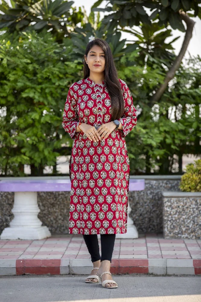 Sangria Red Sanganeri Hand Print Kurti - Image 2