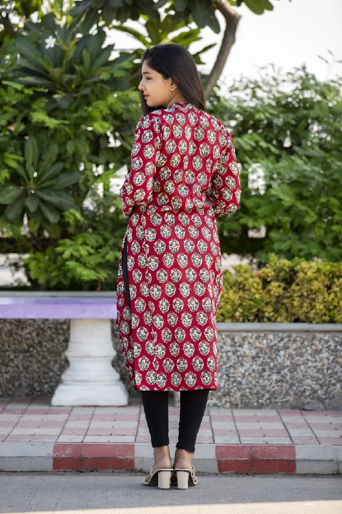 Sangria Red Sanganeri Hand Print Kurti - Image 3