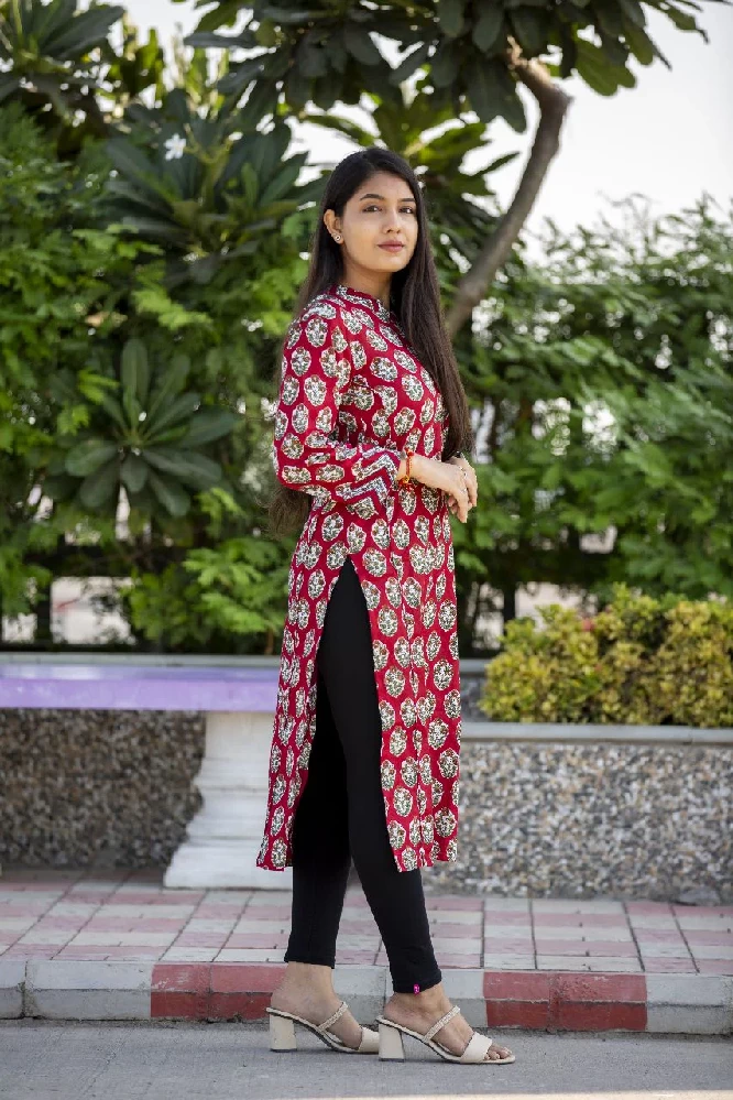 Sangria Red Sanganeri Hand Print Kurti - Image 4