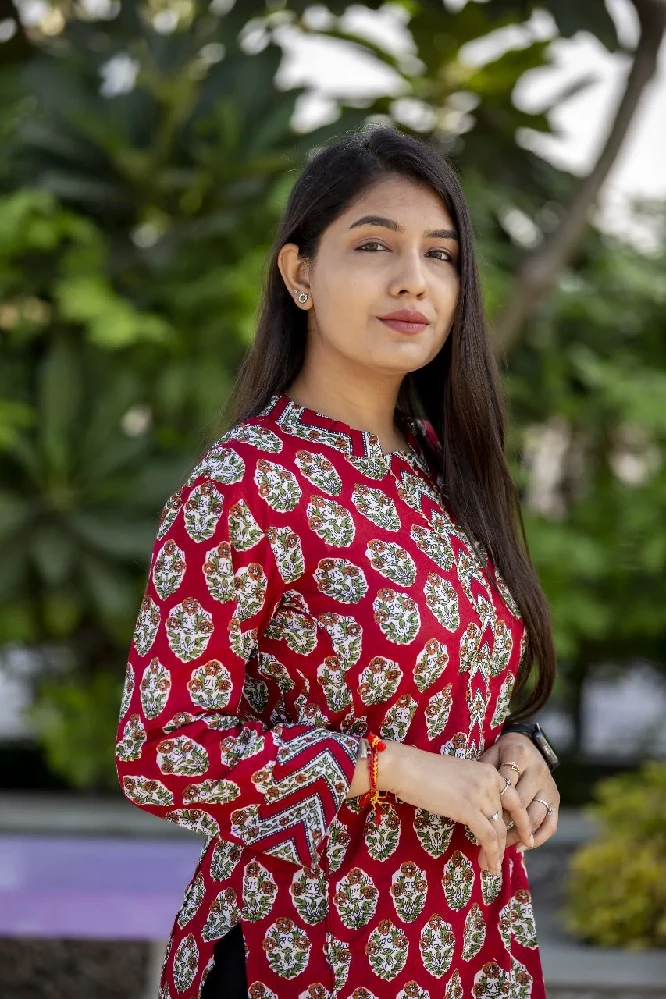 Sangria Red Sanganeri Hand Print Kurti - Image 5