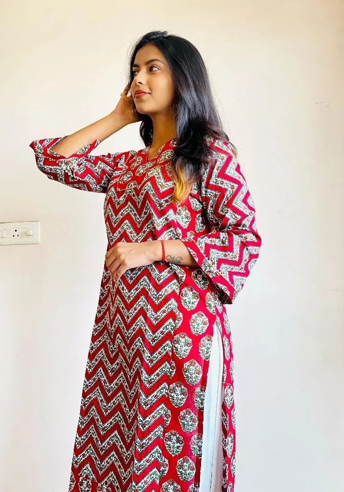 Sangria Red Traverse Sanganeri Hand Print Kurti - Image 1