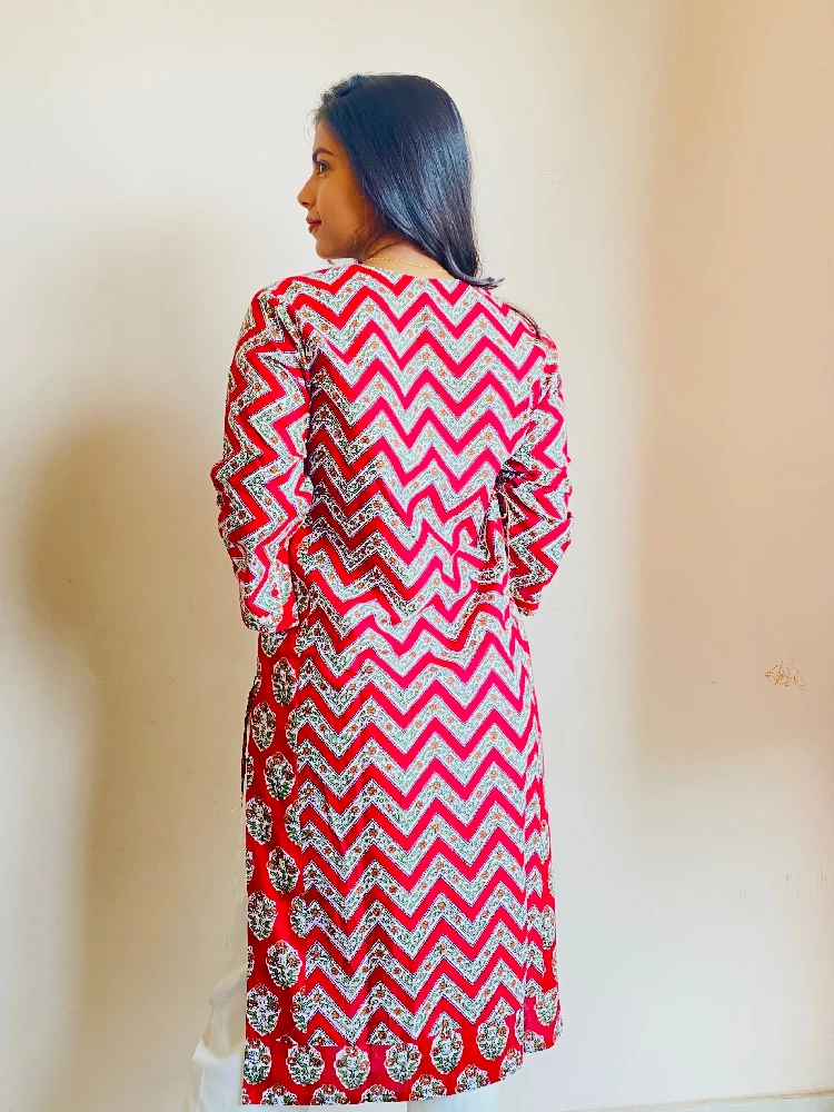 Sangria Red Traverse Sanganeri Hand Print Kurti - Image 4