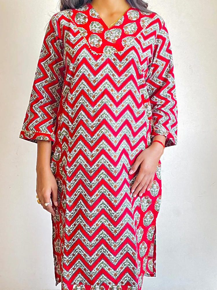 Sangria Red Traverse Sanganeri Hand Print Kurti - Image 5