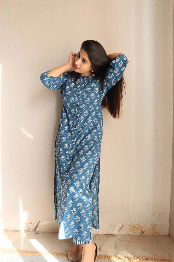 Sapphire Blue Sanganeri Suit Set - Image 4