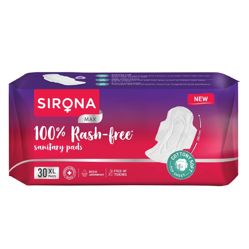 Sirona Max 100% Rash Free & Toxic-Free Sanitary Pads Sirona Max 100% Rash Free & Toxic-Free Sanitary Pads-Pack Size-30 Pads