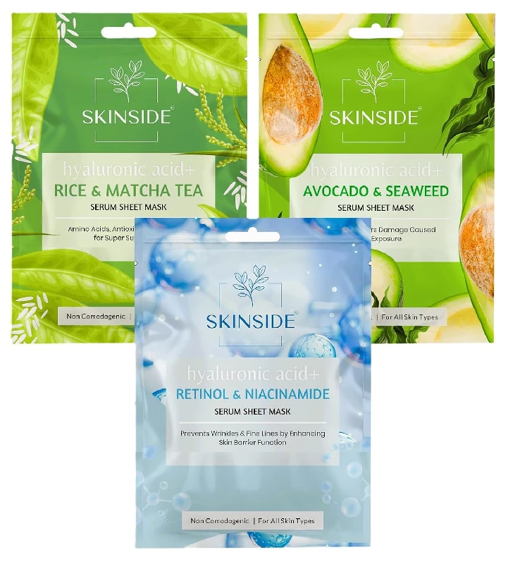 Skinside Serum Sheet Mask Rice & Matcha Tea, Avocado & Sea Weed, Retinol & Niacinamide