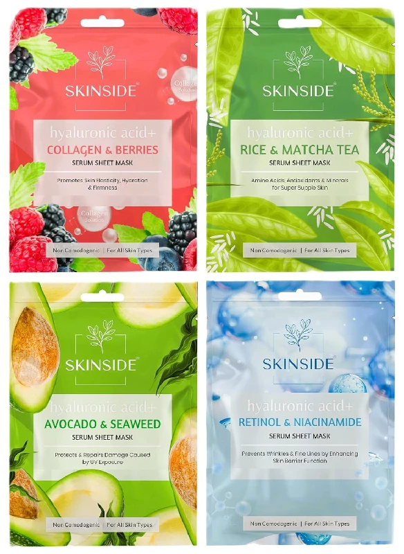 Skinside Serum Sheet Mask Rice & Matcha Tea, Avocado & Sea Weed, Retinol & Niacinamide, Collagen & Berries