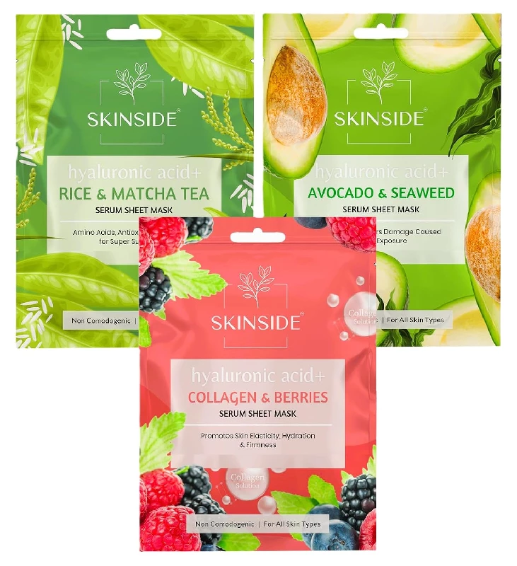 Skinside Serum Sheet Mask Rice & Matcha Tea, Avocado & Sea Weed, Collagen & Berries