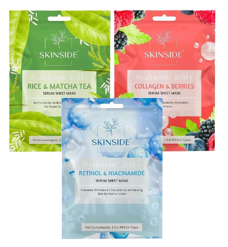 Skinside Serum Sheet Mask Rice & Matcha Tea, Collagen & Berries, Retinol & Niacinamide