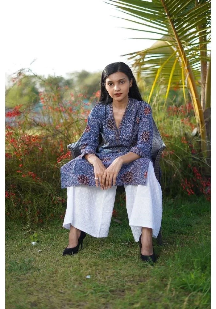 Sky-blue Block-printed Ajrakh Kurti