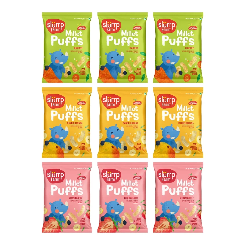 Slurrp Farm Teething Fruit and Vegetable Puffs Baked in Yummy Flavours- Carrot, Strawberry & Banana Mango (Pack of 9) Slurrp Farm Teething Fruit and Vegetable Puffs Baked in Yummy Flavours- Carrot, Strawberry & Banana Mango (Pack of 9)-Pack Size-15 g (Each)