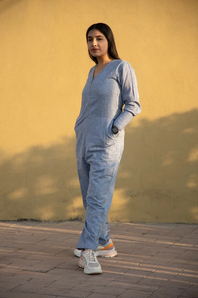 Solid Sapphire Blue Sanganeri Jumpsuit - Image 1