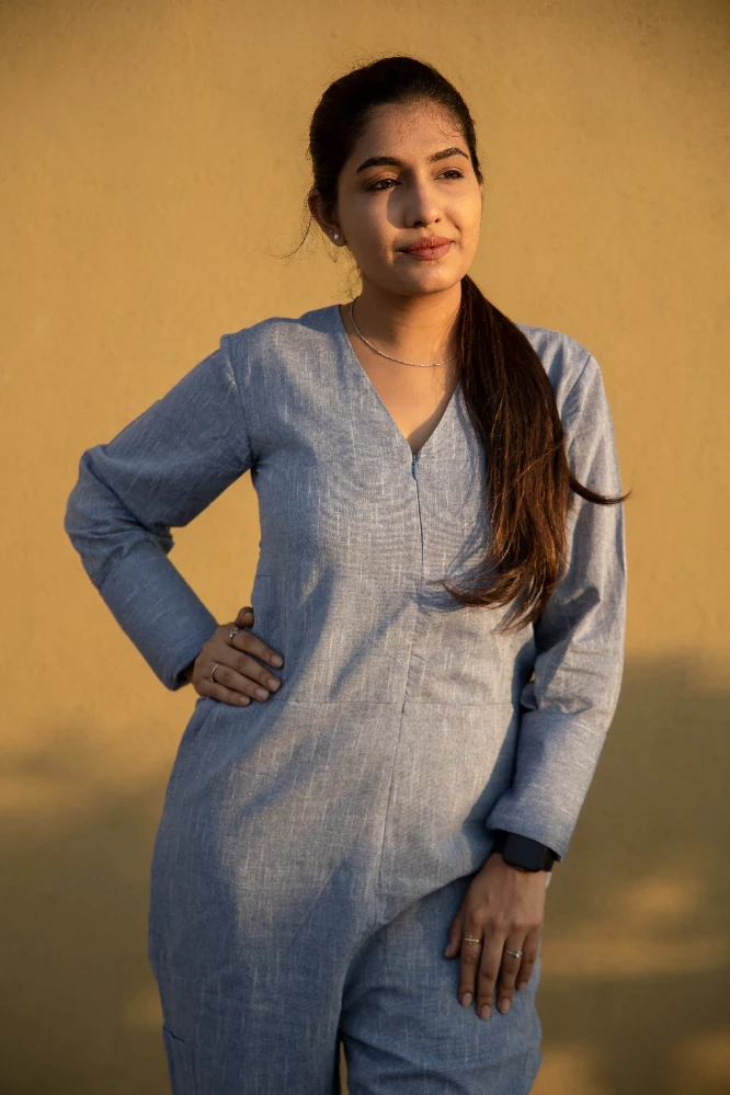 Solid Sapphire Blue Sanganeri Jumpsuit - Image 4