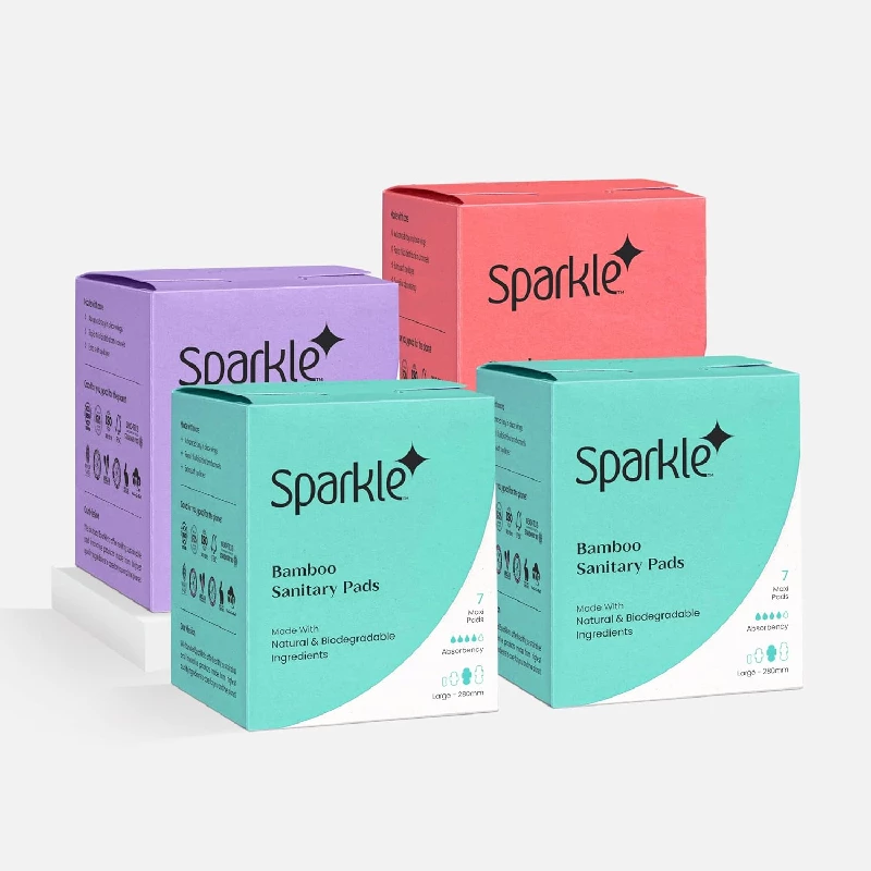 Sparkle Biodegradable & Compostable Bamboo Sanitary Pads 1 Regular, 2 Large & 1 Overnight Sparkle Biodegradable & Compostable Bamboo Sanitary Pads 1 Regular, 2 Large & 1 Overnight-Pack Size-7 Pads Each (Pack of 4)