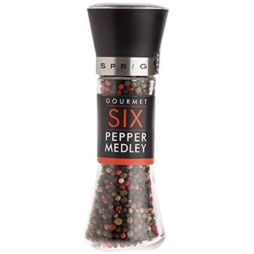 Sprig Six Pepper Medley - Gourmet Whole Mixed Colour Peppercorns Sprig Six Pepper Medley - Gourmet Whole Mixed Colour Peppercorns--85 g Grinder Bottle