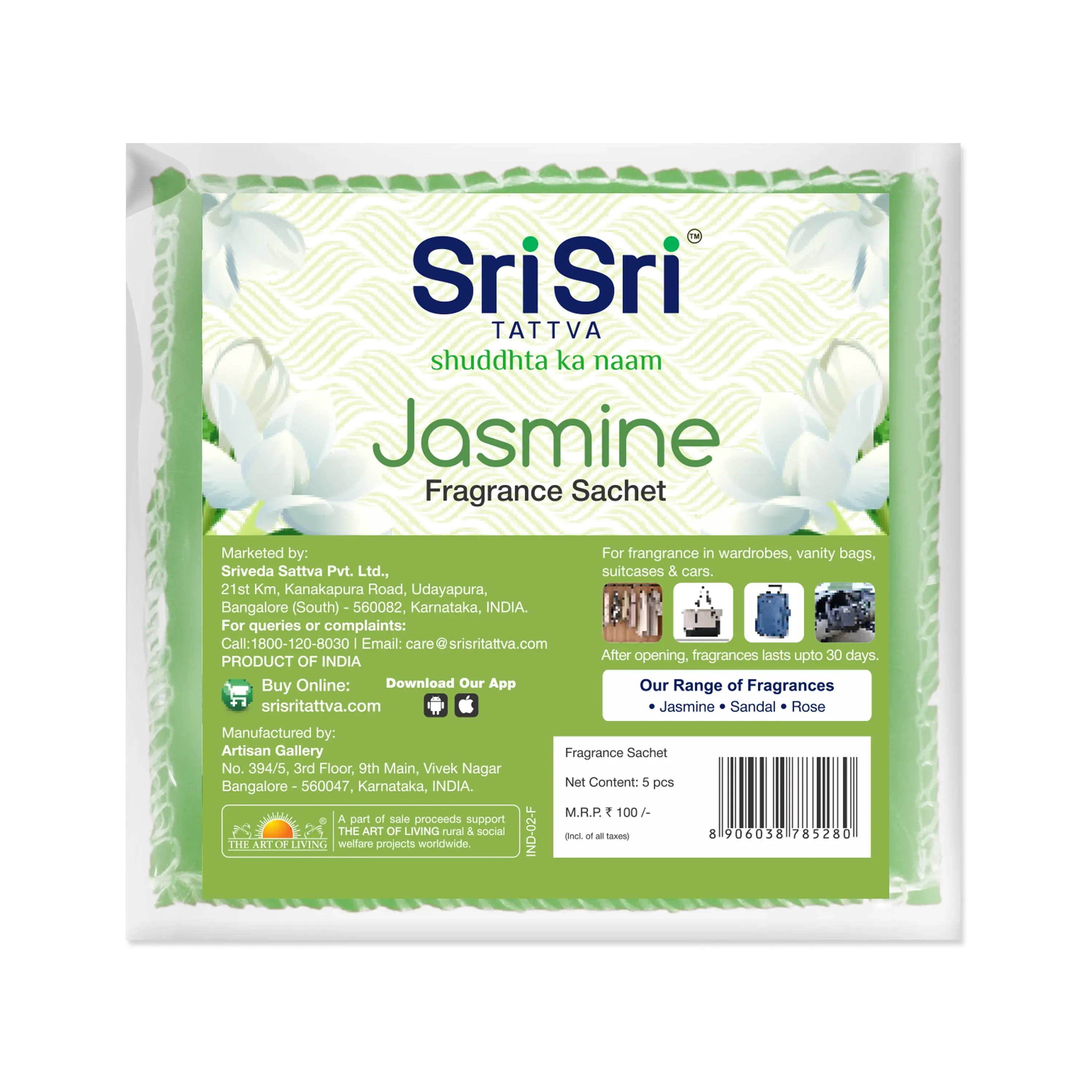 Sri Sri Tattva Fragrance Sachet Jasmine (Pack Of 5) - Image 2