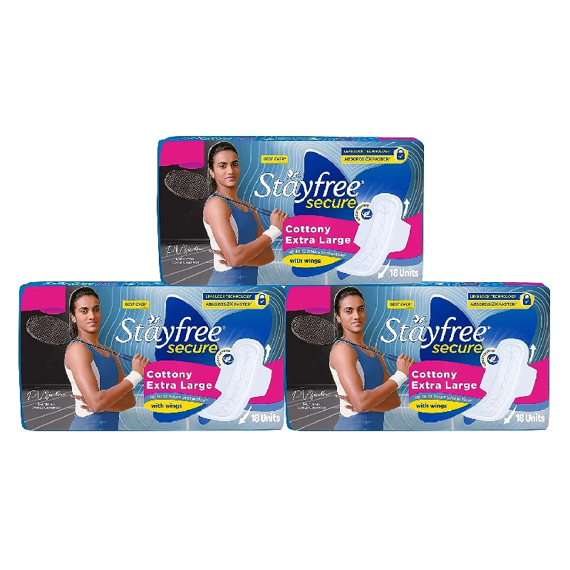 Stayfree Secure Extra Large Cottony Soft Cover Sanitary Pads Stayfree Secure Extra Large Cottony Soft Cover Sanitary Pads-Pack Size-18 Pads Each (Pack of 3)