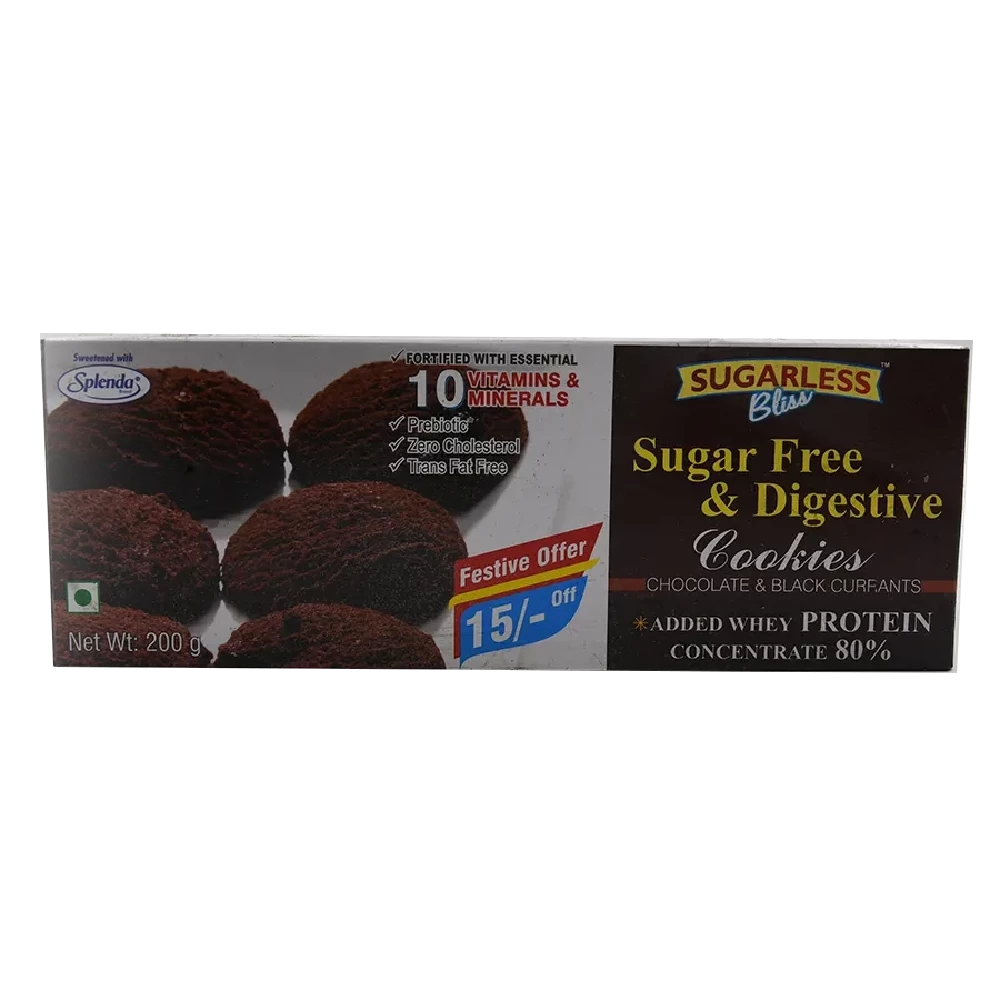 Sugarless Bliss Sugar Free & Digestive Cookies - Chocolate & Blackcurrants Sugarless Bliss Sugar Free & Digestive Cookies - Chocolate & Blackcurrants--200 g Carton